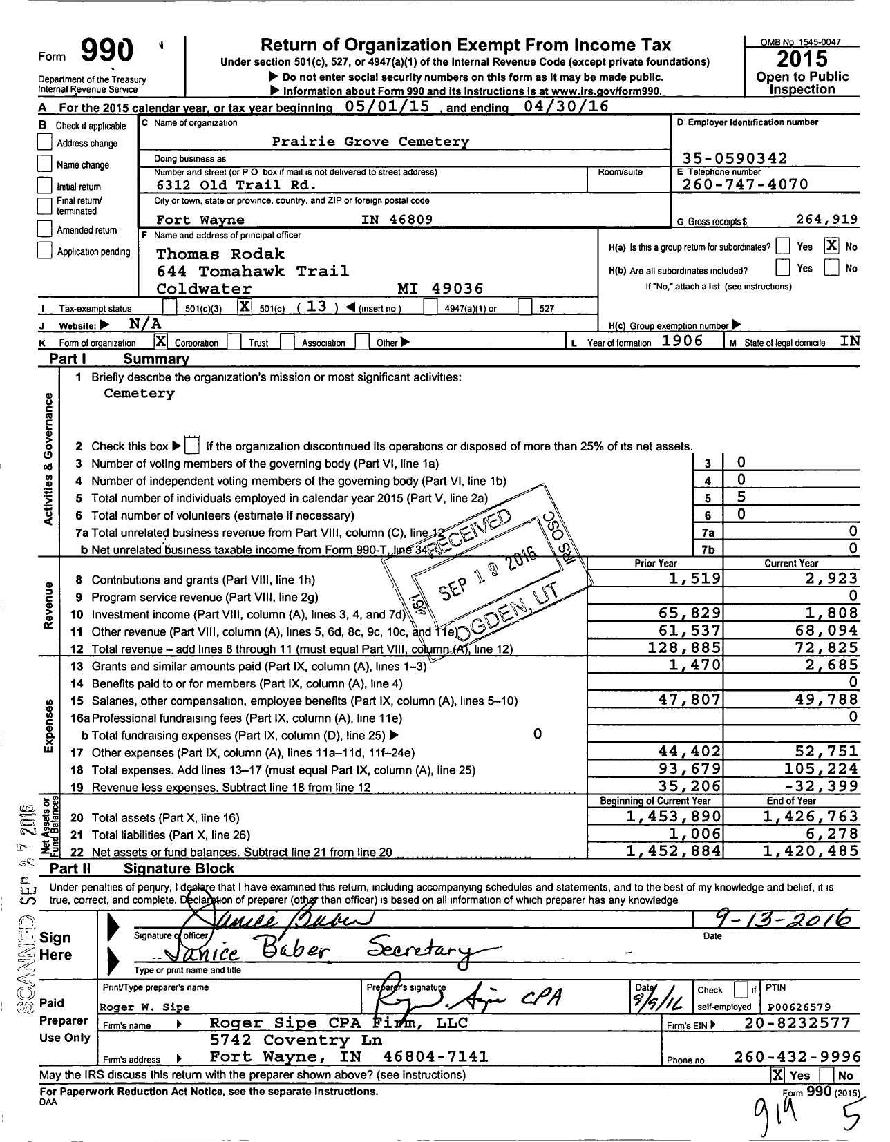 Image of first page of 2015 Form 990O for Prairie Grove Cemetery