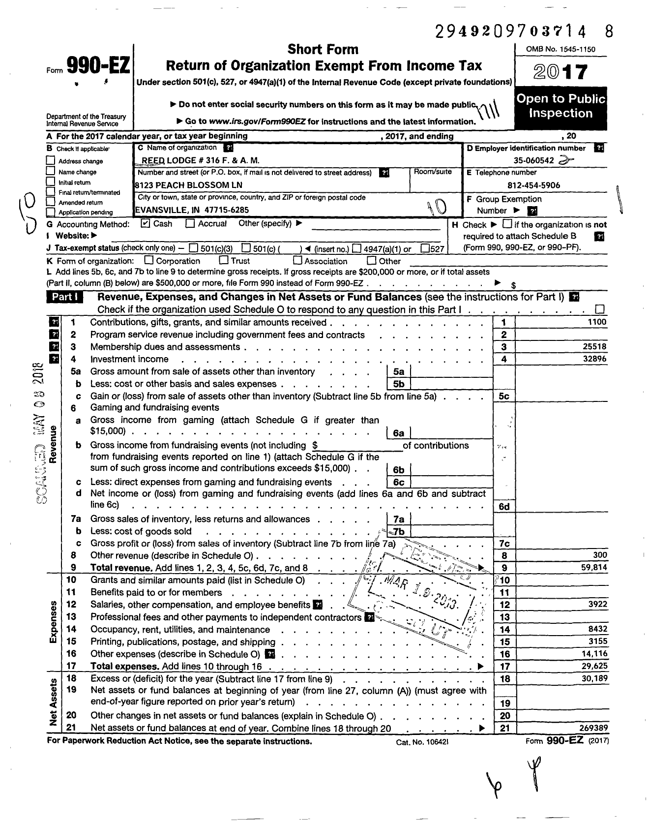 Image of first page of 2016 Form 990EO for Free & Accepted Masons of Indiana - 316 Reed Lodge