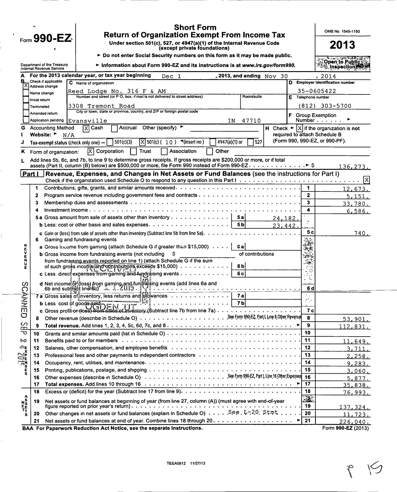 Image of first page of 2013 Form 990EO for Free & Accepted Masons of Indiana - 316 Reed Lodge