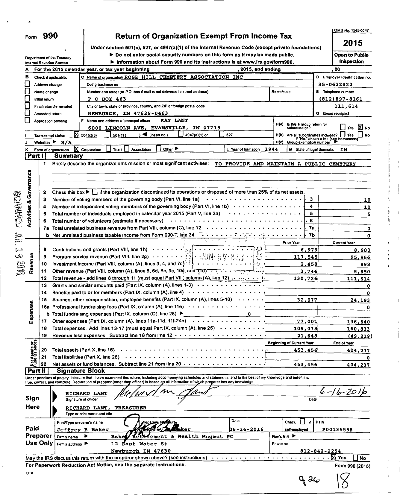 Image of first page of 2015 Form 990 for Rose Hill Cemetery Association