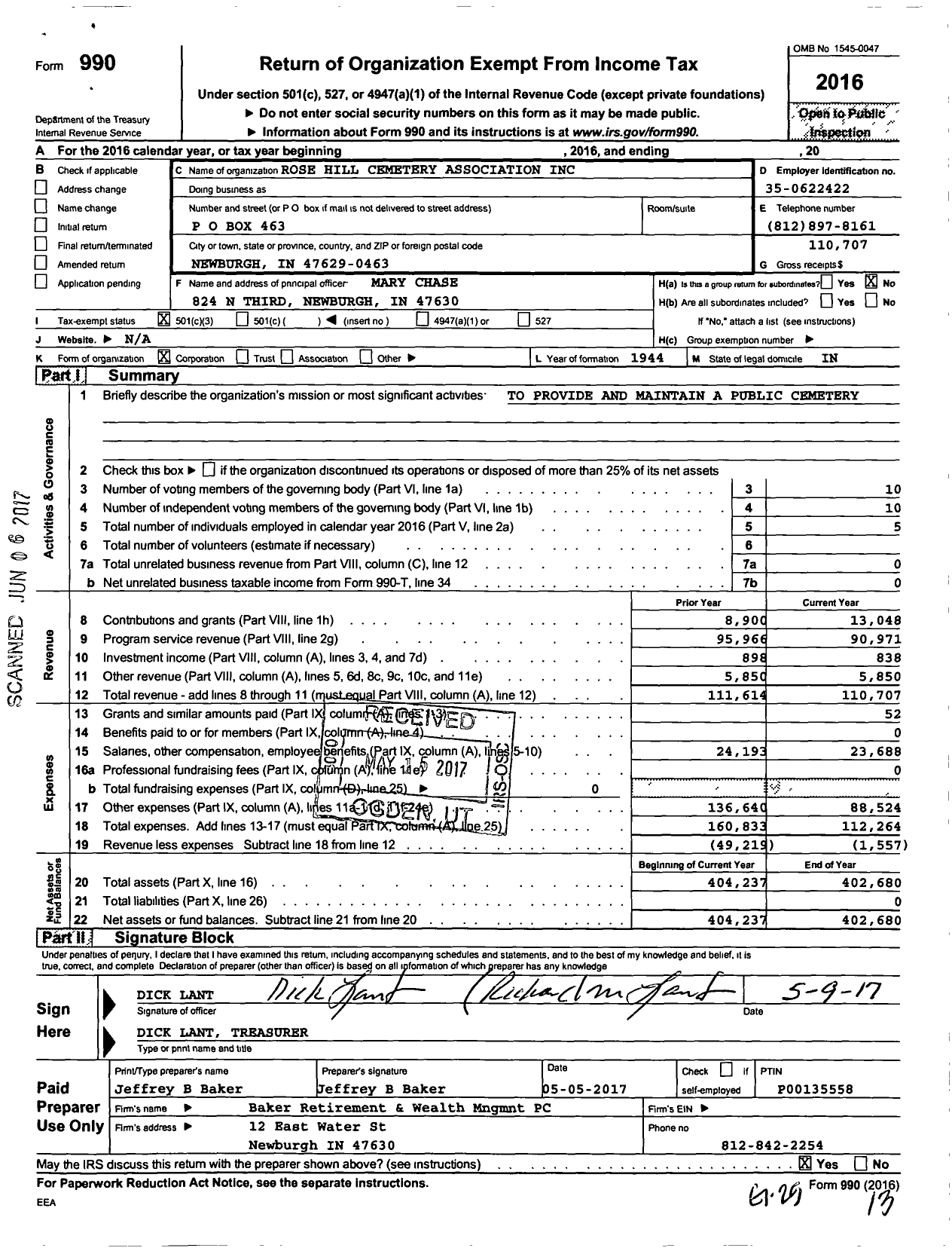 Image of first page of 2016 Form 990 for Rose Hill Cemetery Association