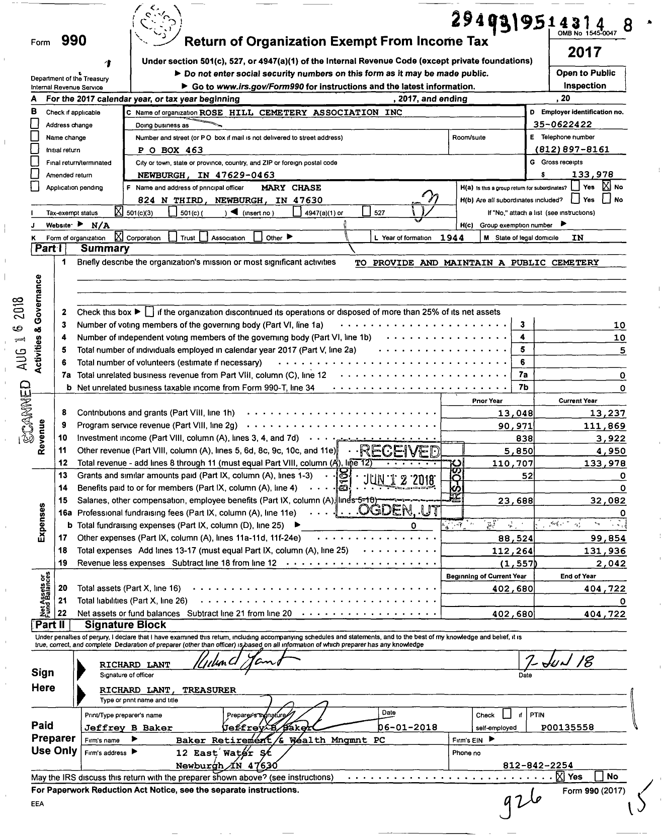 Image of first page of 2017 Form 990 for Rose Hill Cemetery Association