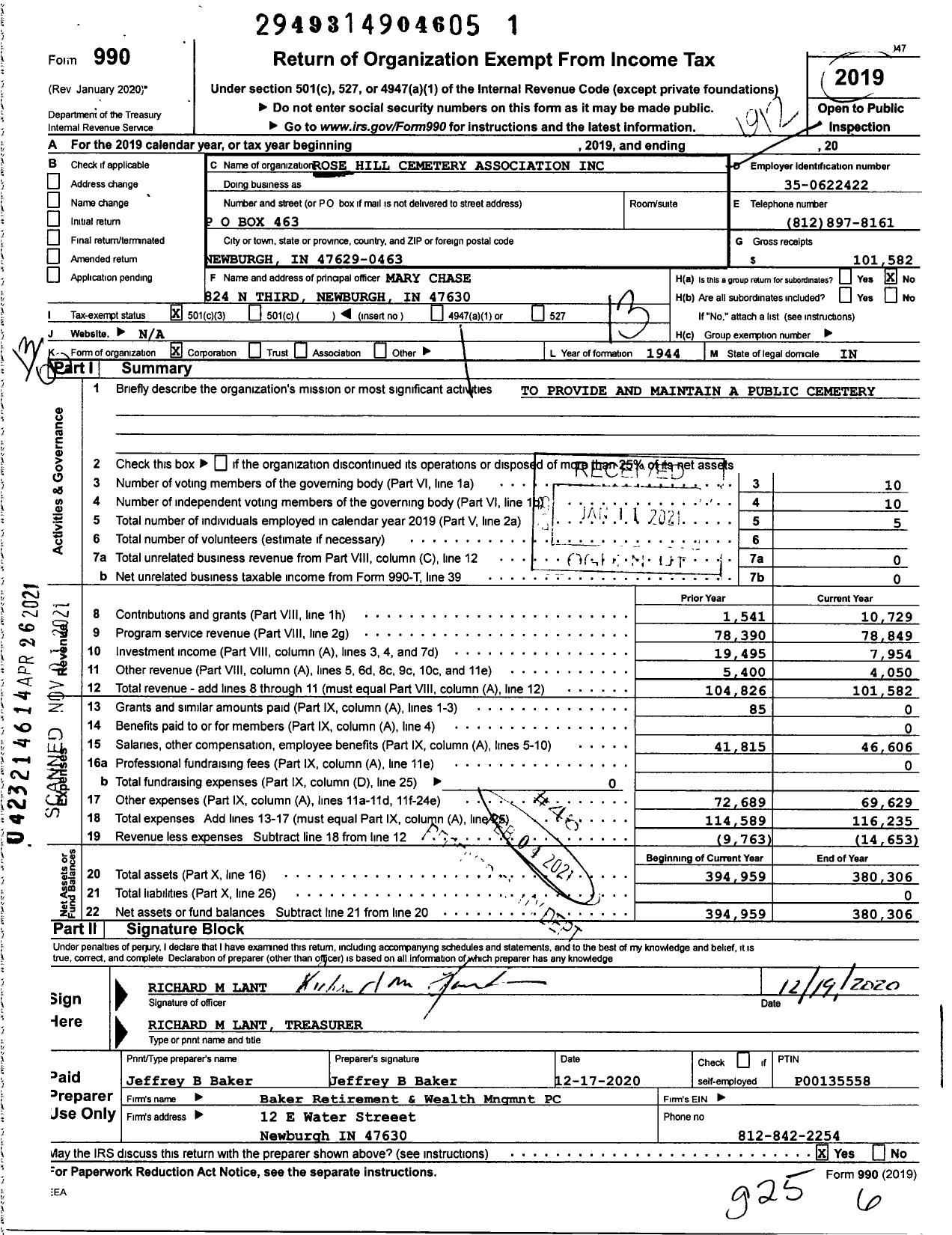 Image of first page of 2019 Form 990O for Rose Hill Cemetery Association