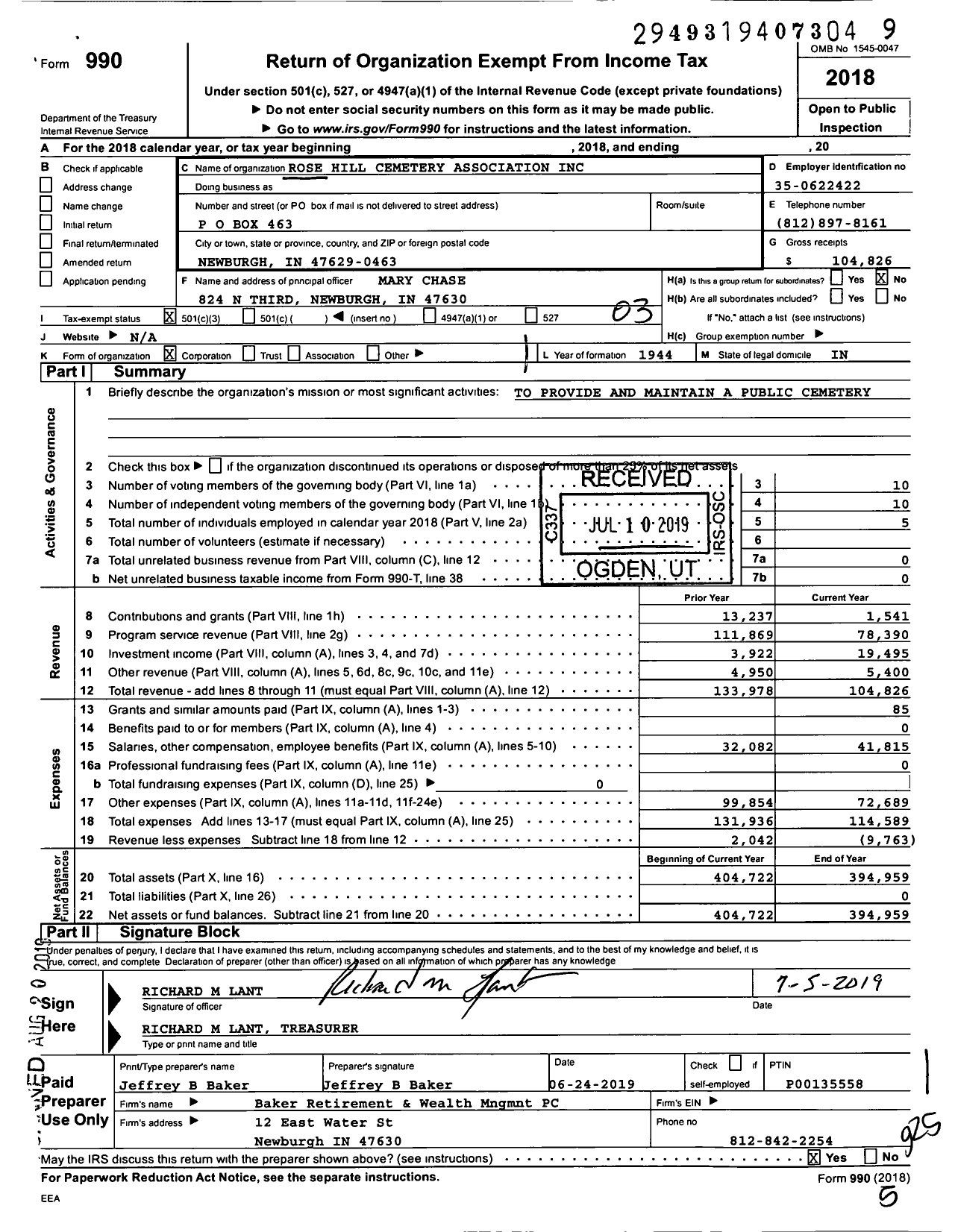 Image of first page of 2018 Form 990 for Rose Hill Cemetery Association