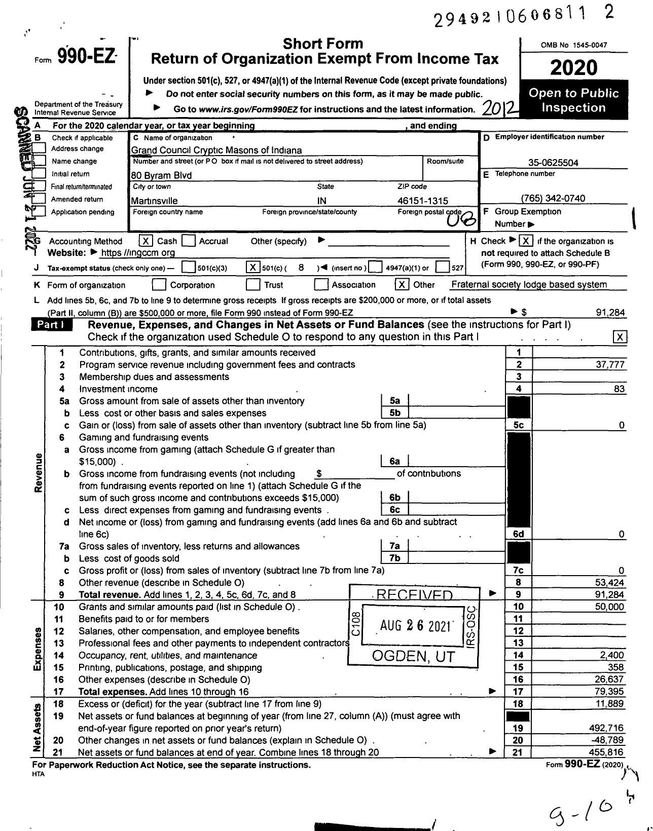 Image of first page of 2020 Form 990EO for Grand Council Cryptic Masons of Indiana