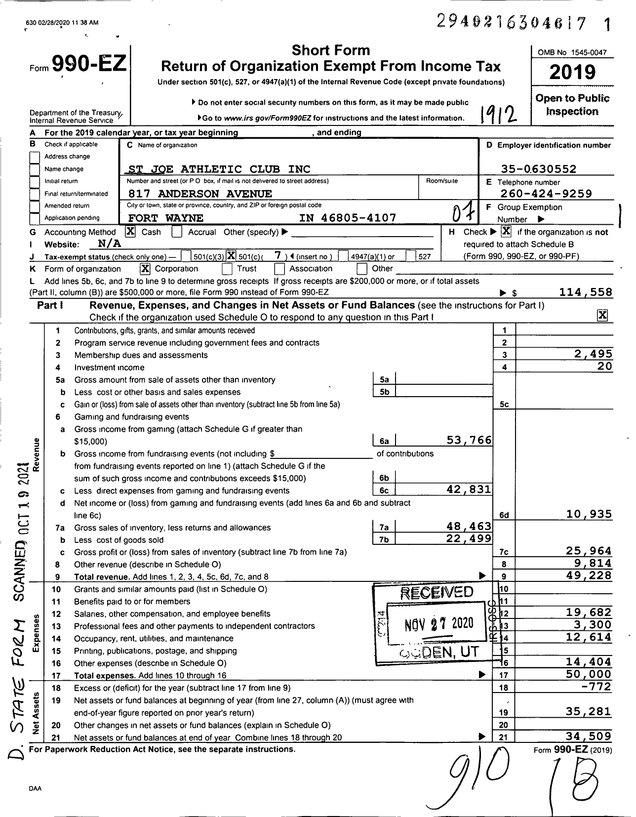 Image of first page of 2019 Form 990EO for St Joe Athletic Club