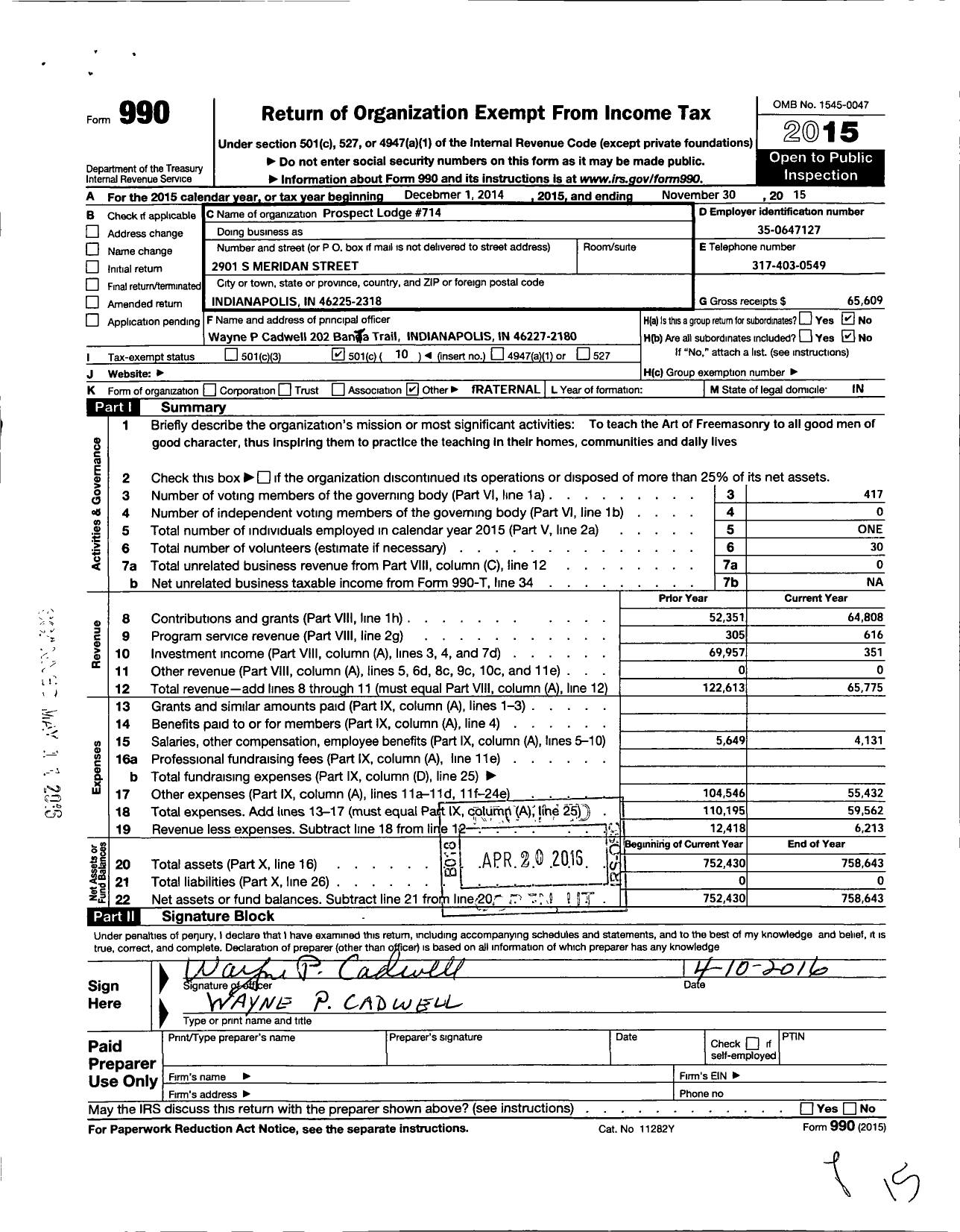 Image of first page of 2014 Form 990O for Free & Accepted Masons of Indiana - 714 Prospect Lodge