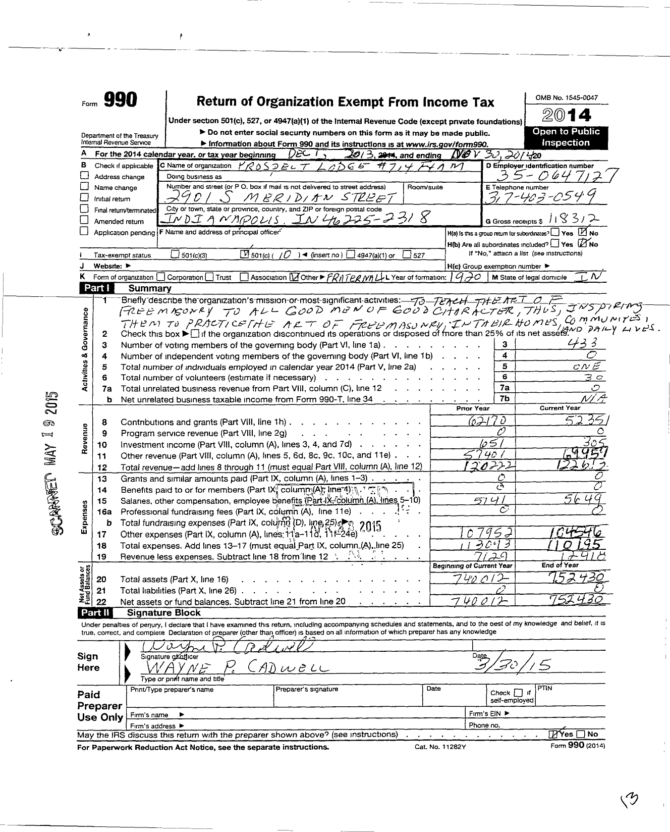 Image of first page of 2013 Form 990O for Free & Accepted Masons of Indiana - 714 Prospect Lodge