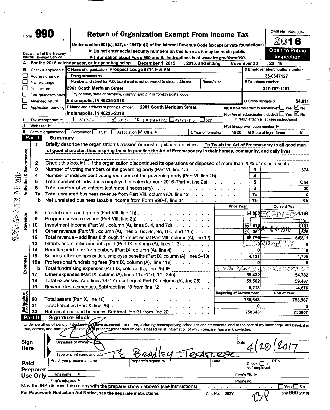 Image of first page of 2015 Form 990O for Free & Accepted Masons of Indiana - 714 Prospect Lodge