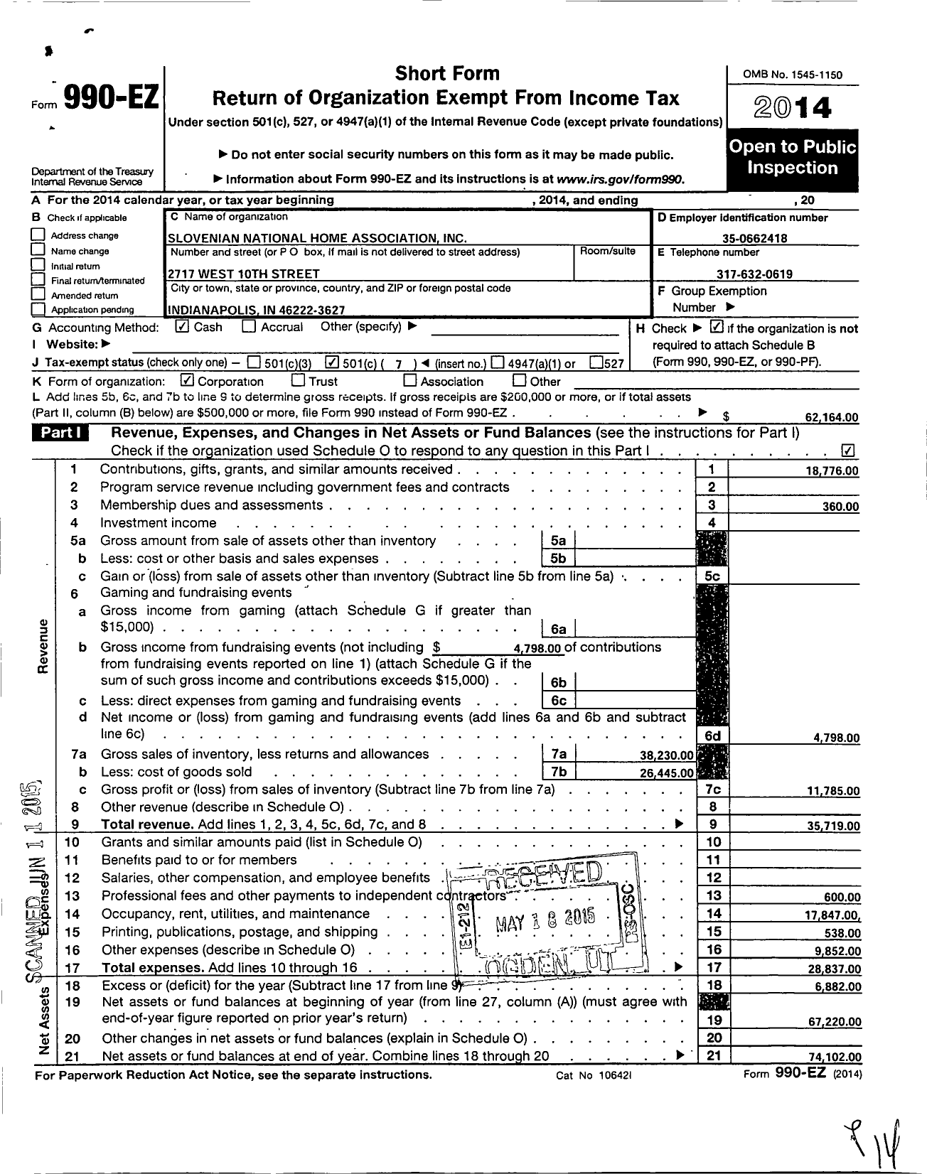 Image of first page of 2014 Form 990EO for Slovenian National Home Association