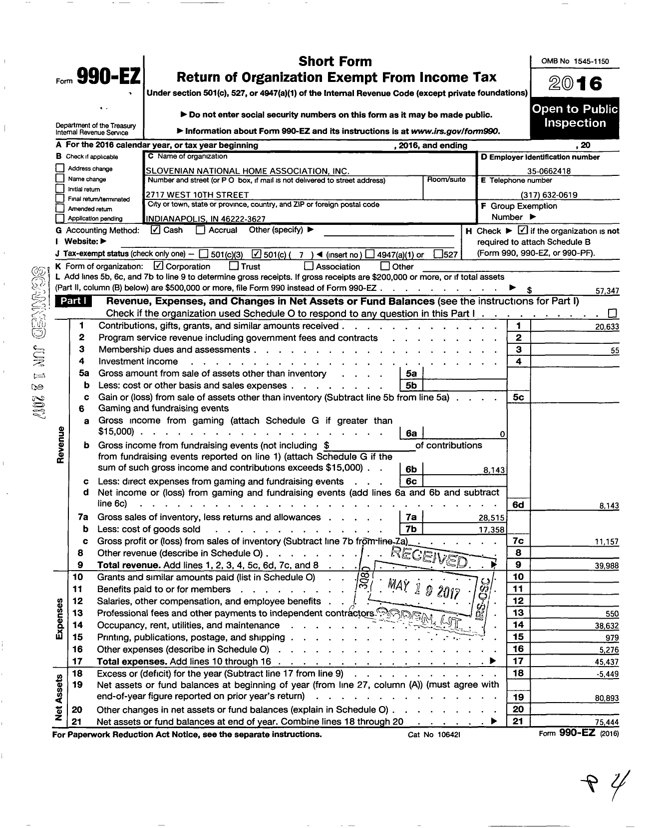 Image of first page of 2016 Form 990EO for Slovenian National Home Association