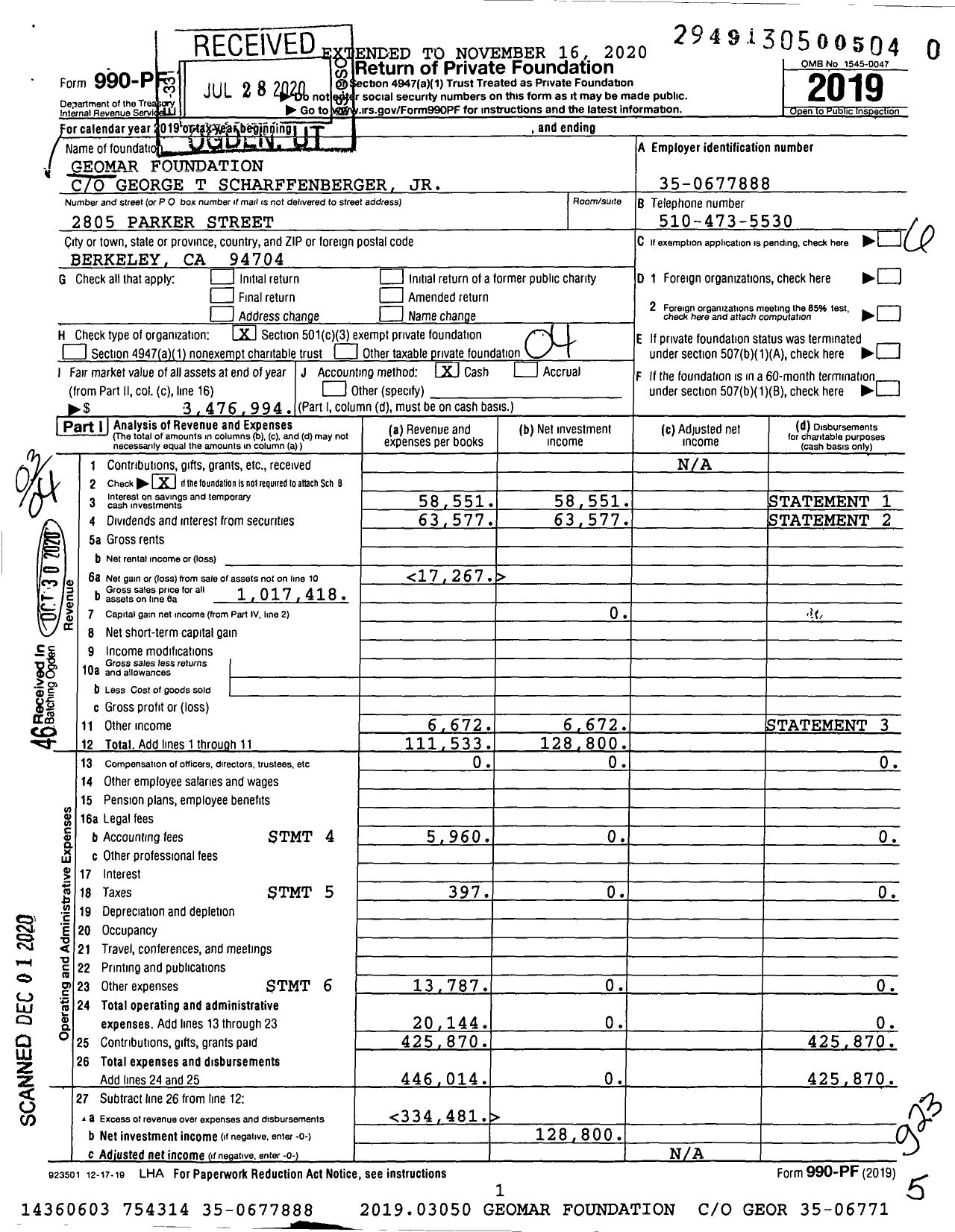 Image of first page of 2019 Form 990PF for Geomar Foundation