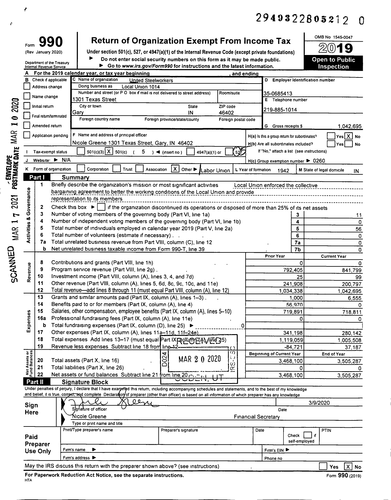 Image of first page of 2019 Form 990O for United Steelworkers