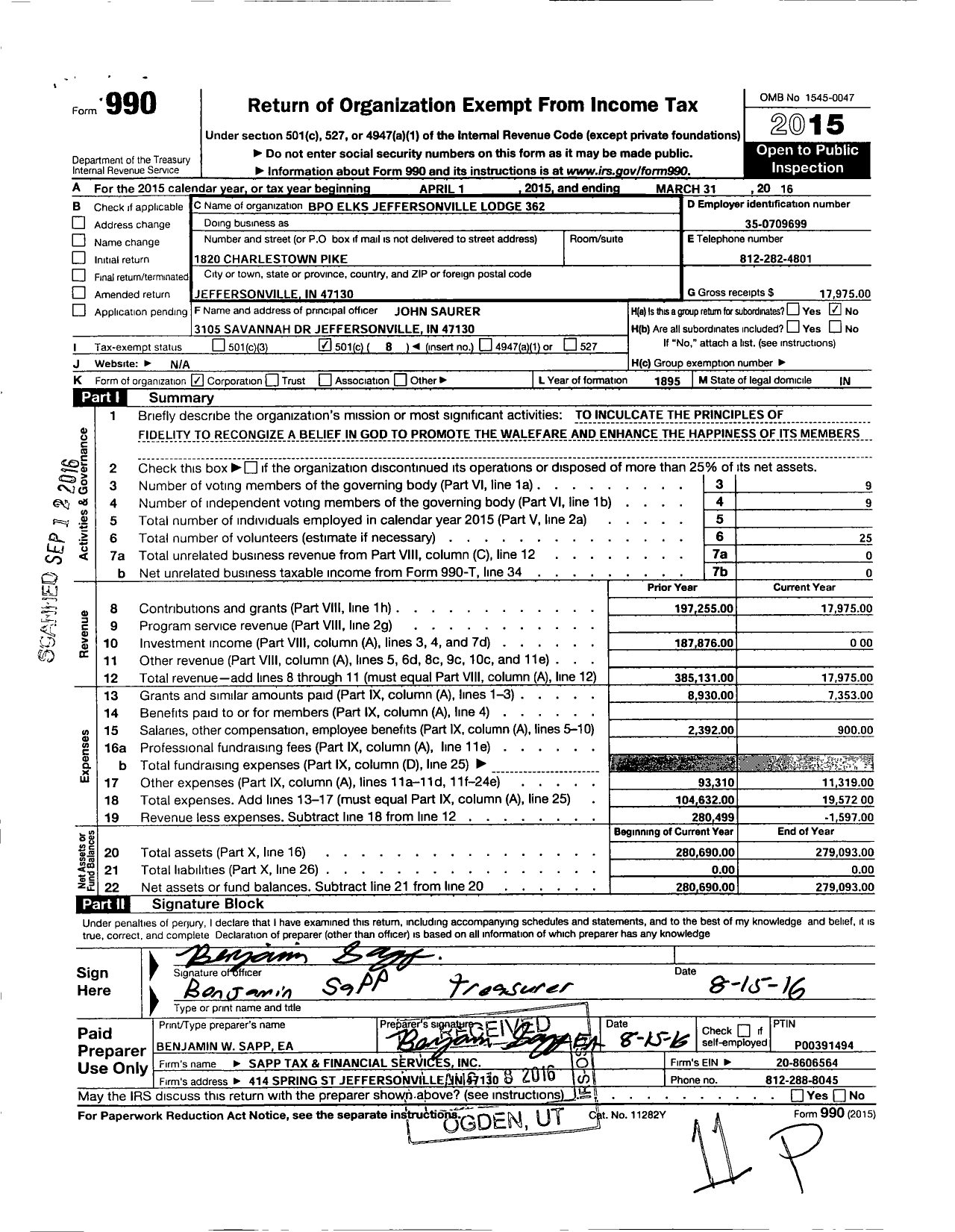 Image of first page of 2015 Form 990O for Benevolent and Protective Order of Elks - 362 Jefersonville