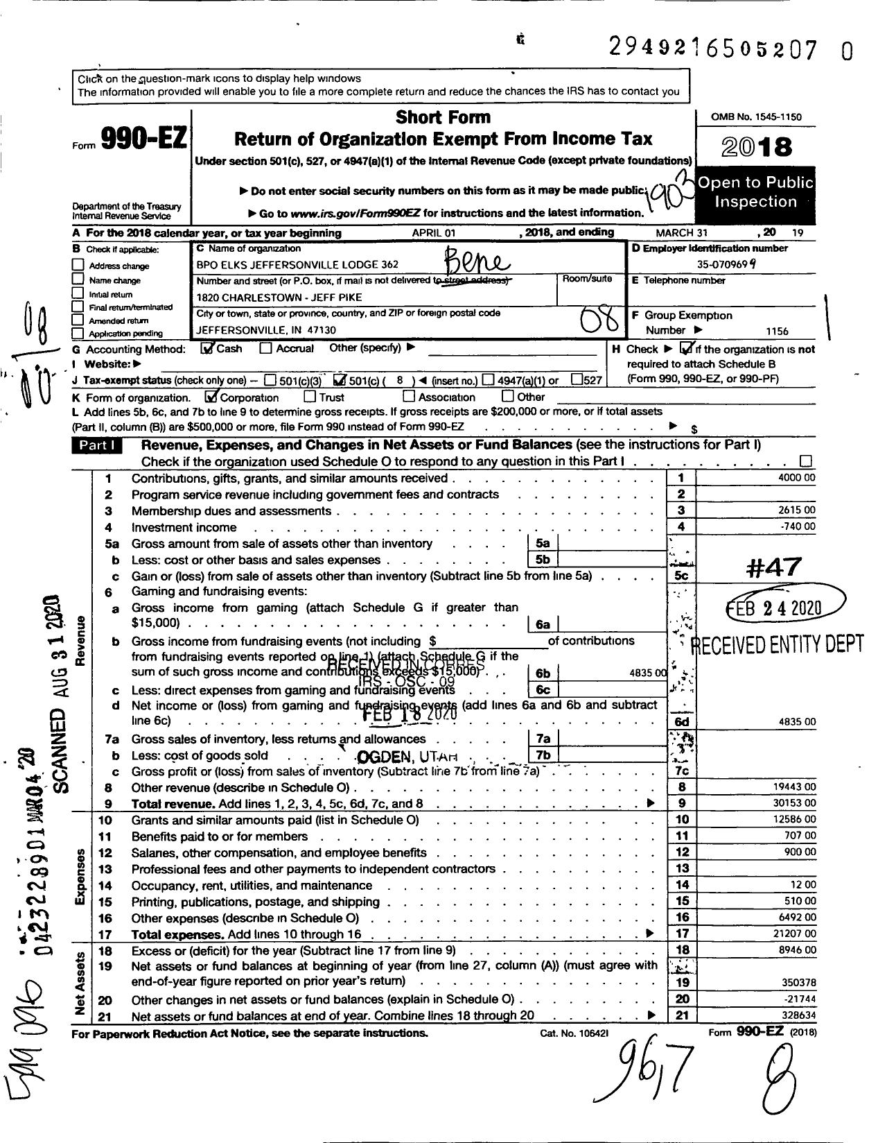 Image of first page of 2018 Form 990EO for Benevolent and Protective Order of Elks - 362 Jefersonville