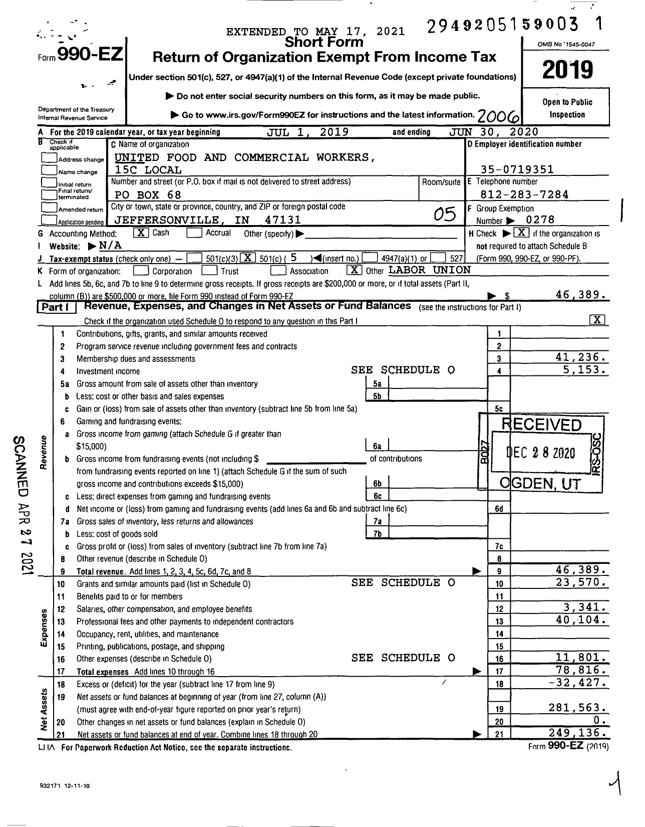 Image of first page of 2019 Form 990EO for United Food and Commercial Workers 15c Local