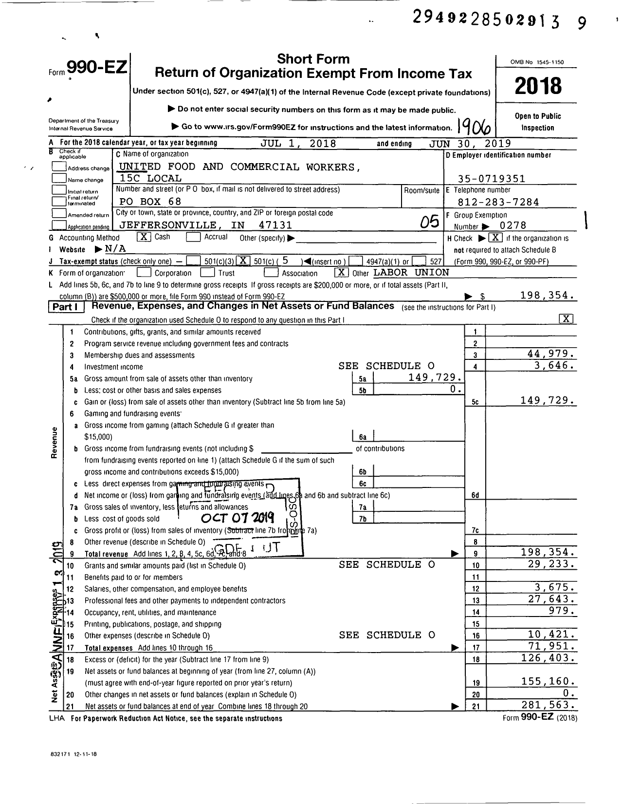 Image of first page of 2018 Form 990EO for United Food and Commercial Workers 15c Local