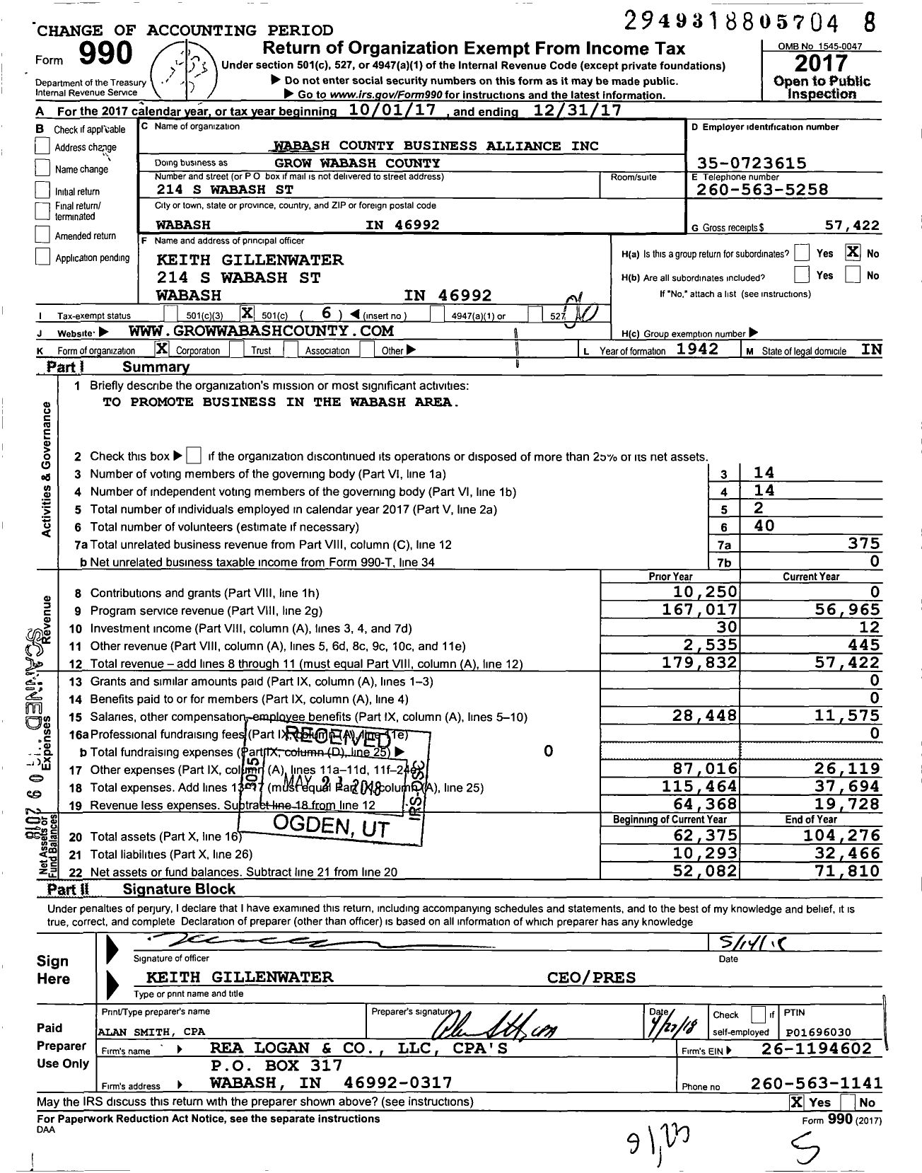 Image of first page of 2017 Form 990O for Grow Wabash County