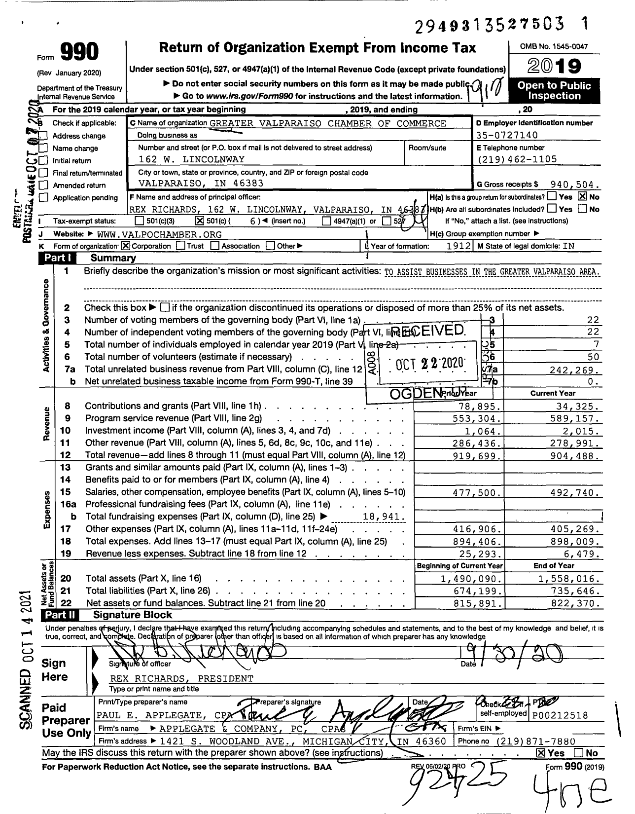 Image of first page of 2019 Form 990O for Greater Valparaiso Chamber of Commerce (GVCC)