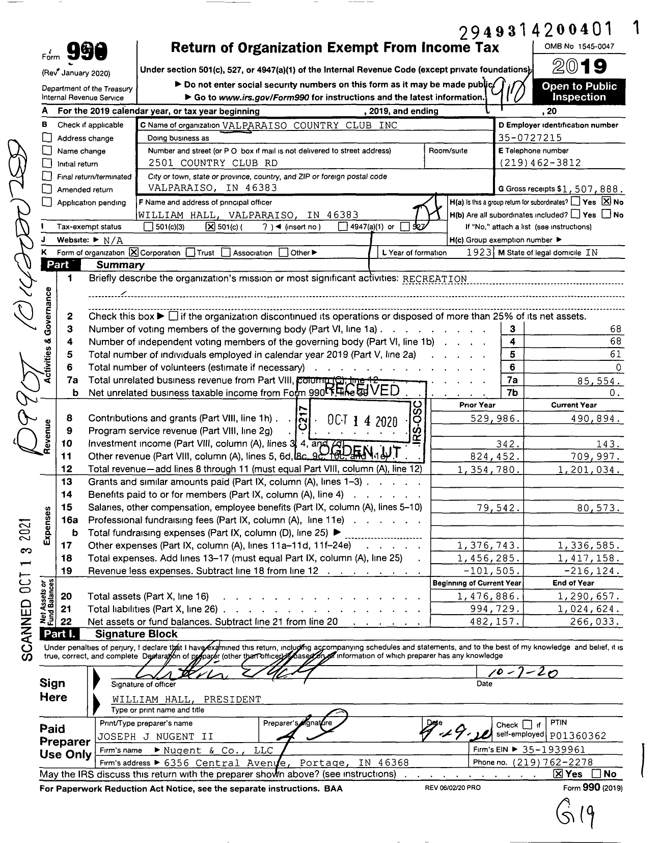 Image of first page of 2019 Form 990O for Valparaiso Country Club