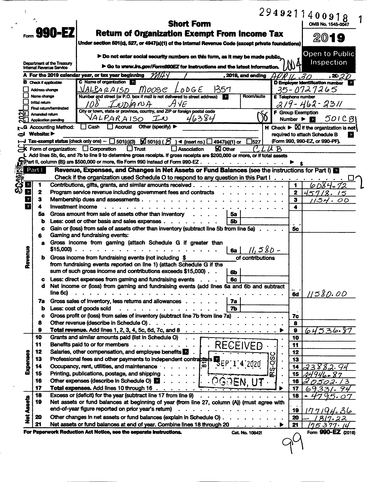 Image of first page of 2019 Form 990EO for Loyal Order of Moose - 1357