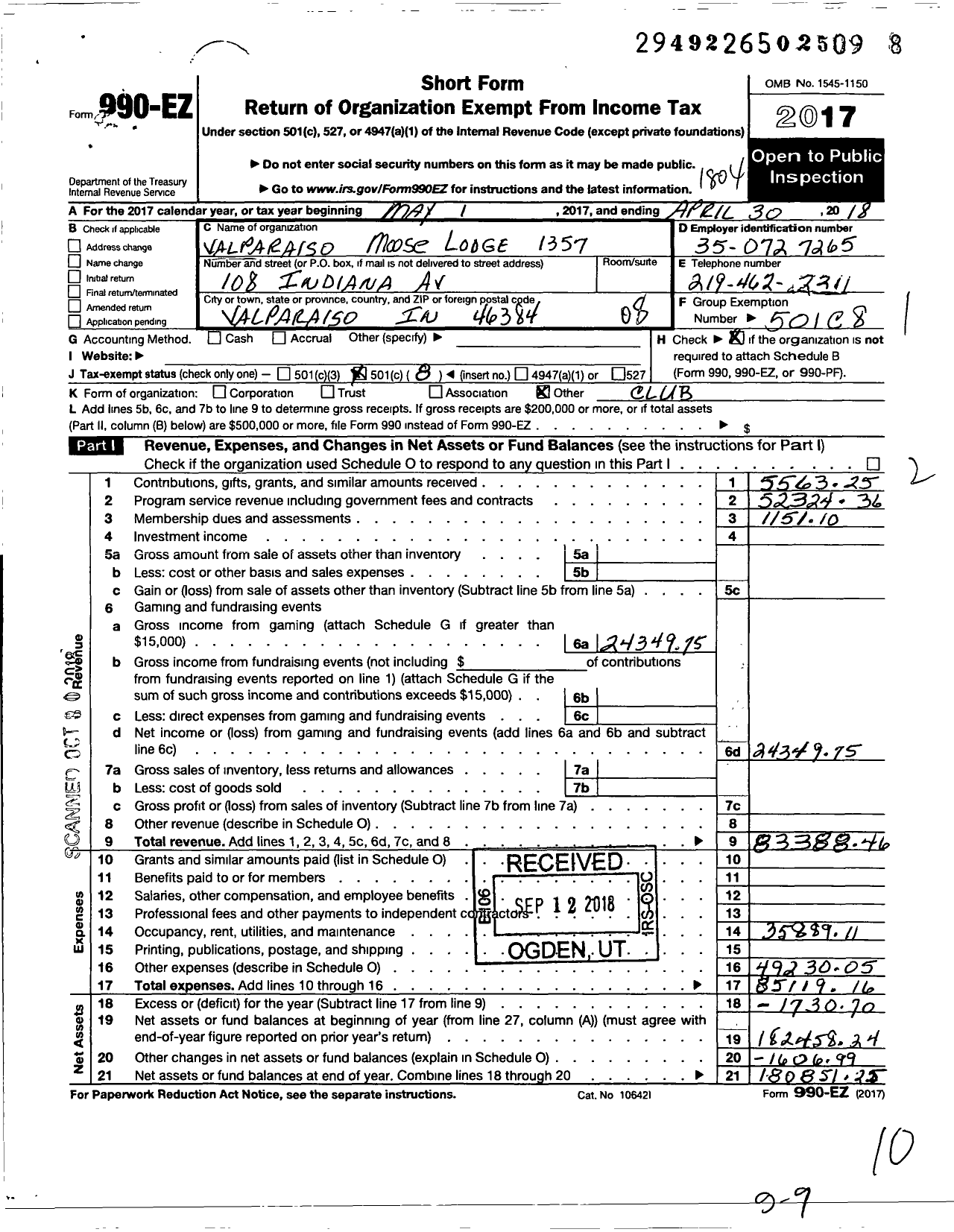 Image of first page of 2017 Form 990EO for Loyal Order of Moose - 1357