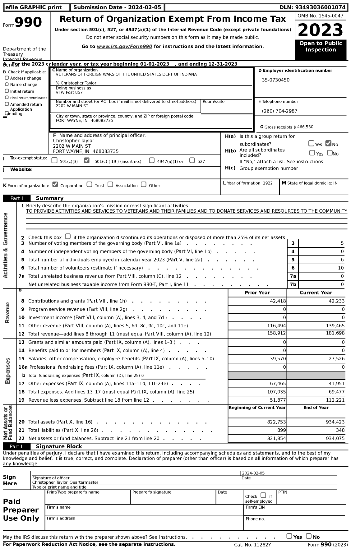 Image of first page of 2023 Form 990 for VFW Department of Indiana - VFW Post 857