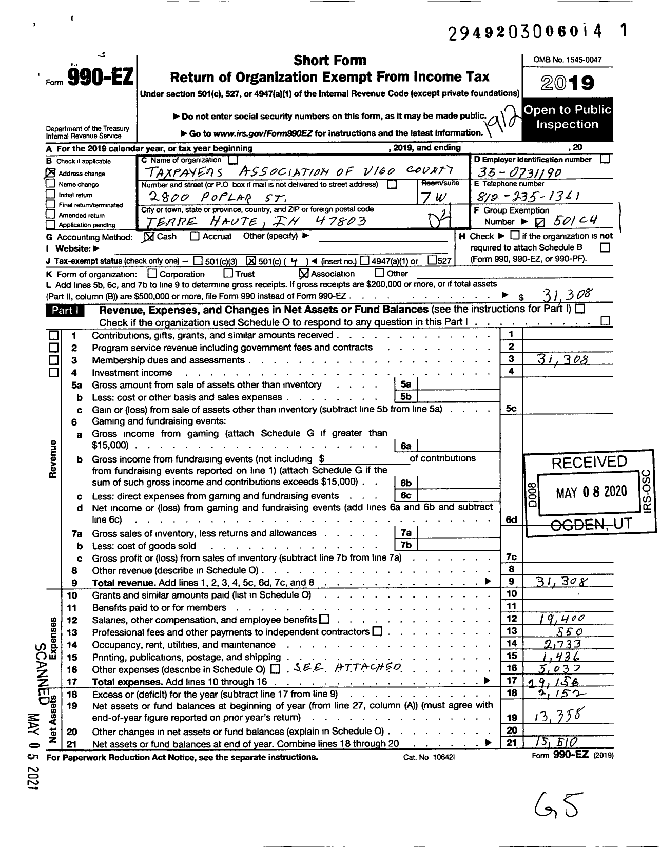 Image of first page of 2019 Form 990EO for Taxpayers Association of Vigo County