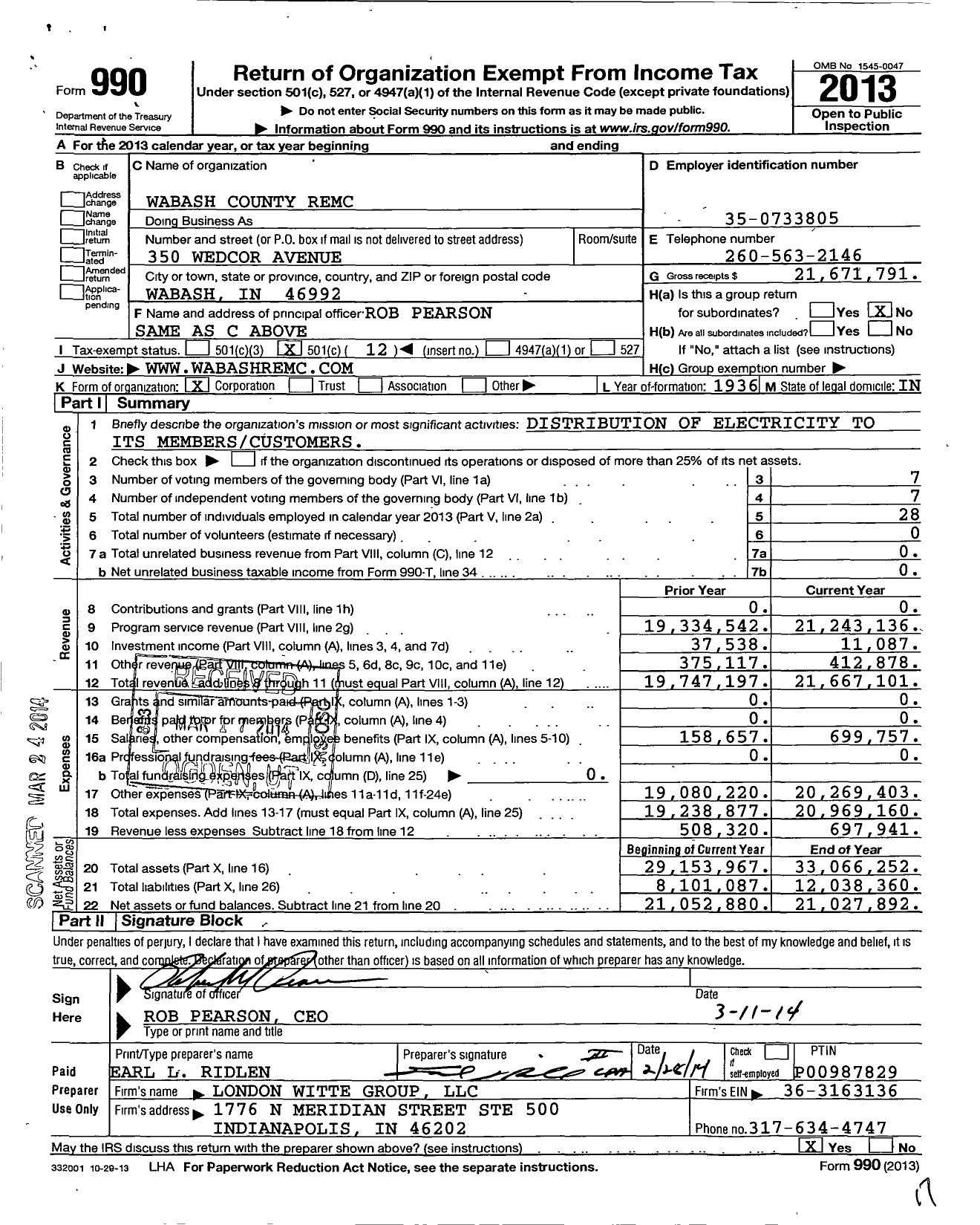 Image of first page of 2013 Form 990O for Wabash County Remc