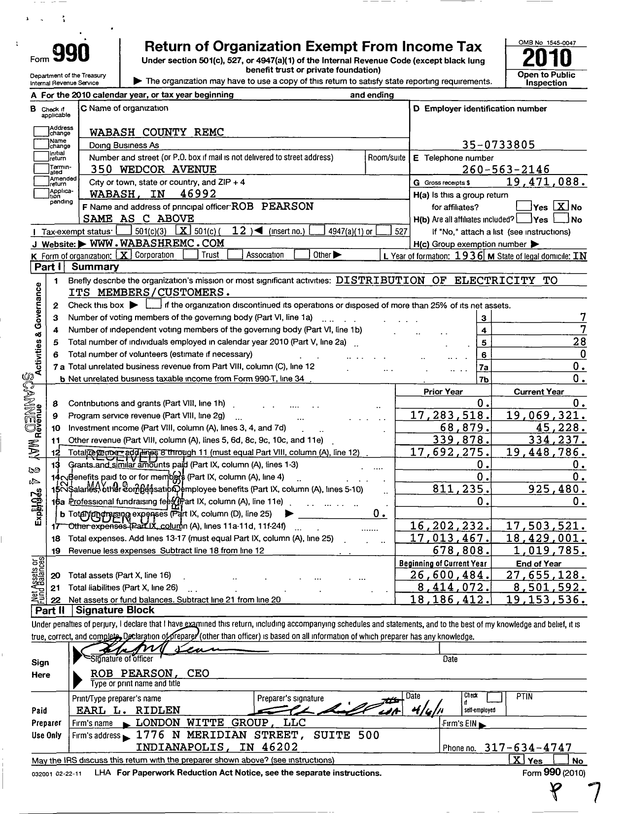 Image of first page of 2010 Form 990O for Wabash County Remc