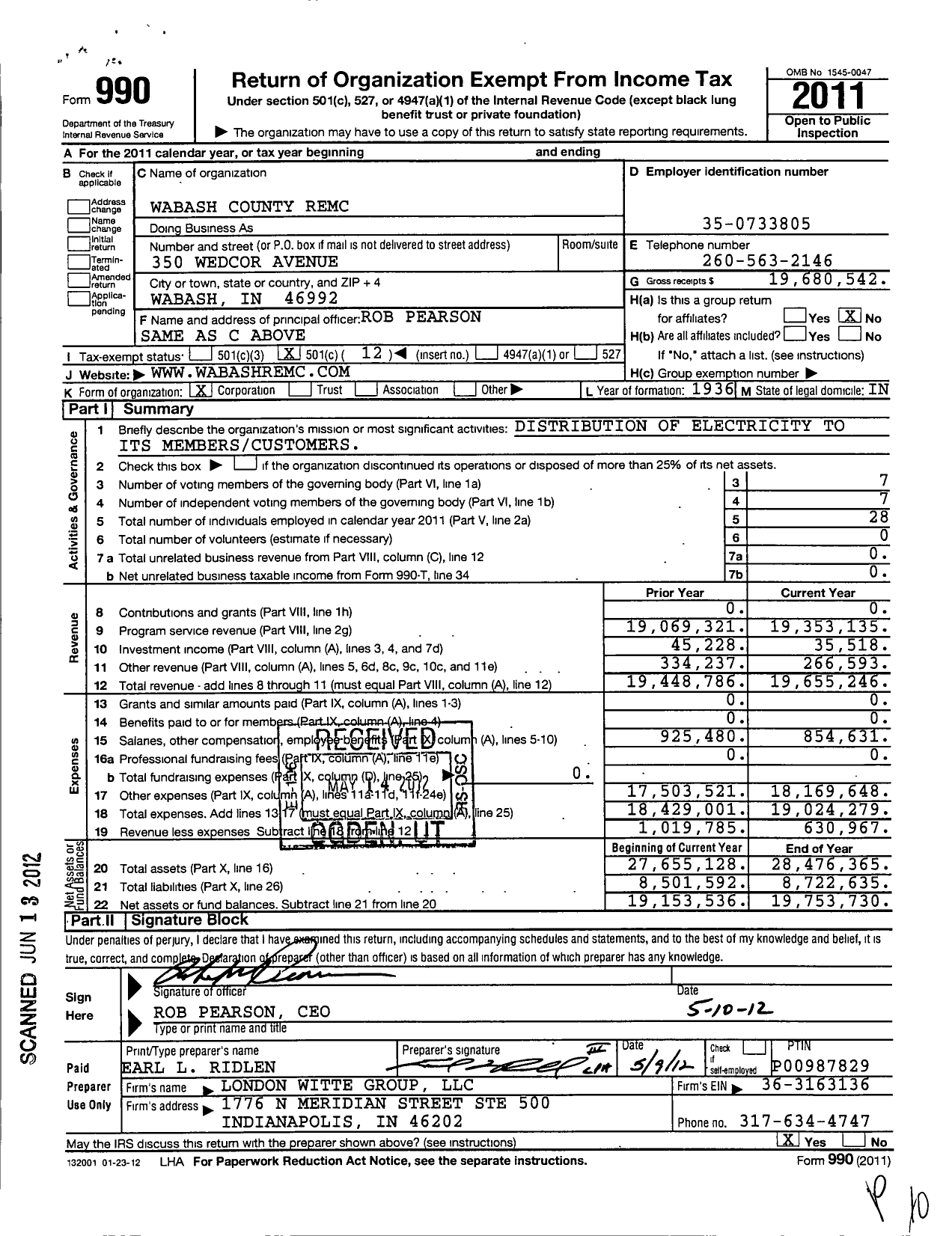 Image of first page of 2011 Form 990O for Wabash County Remc