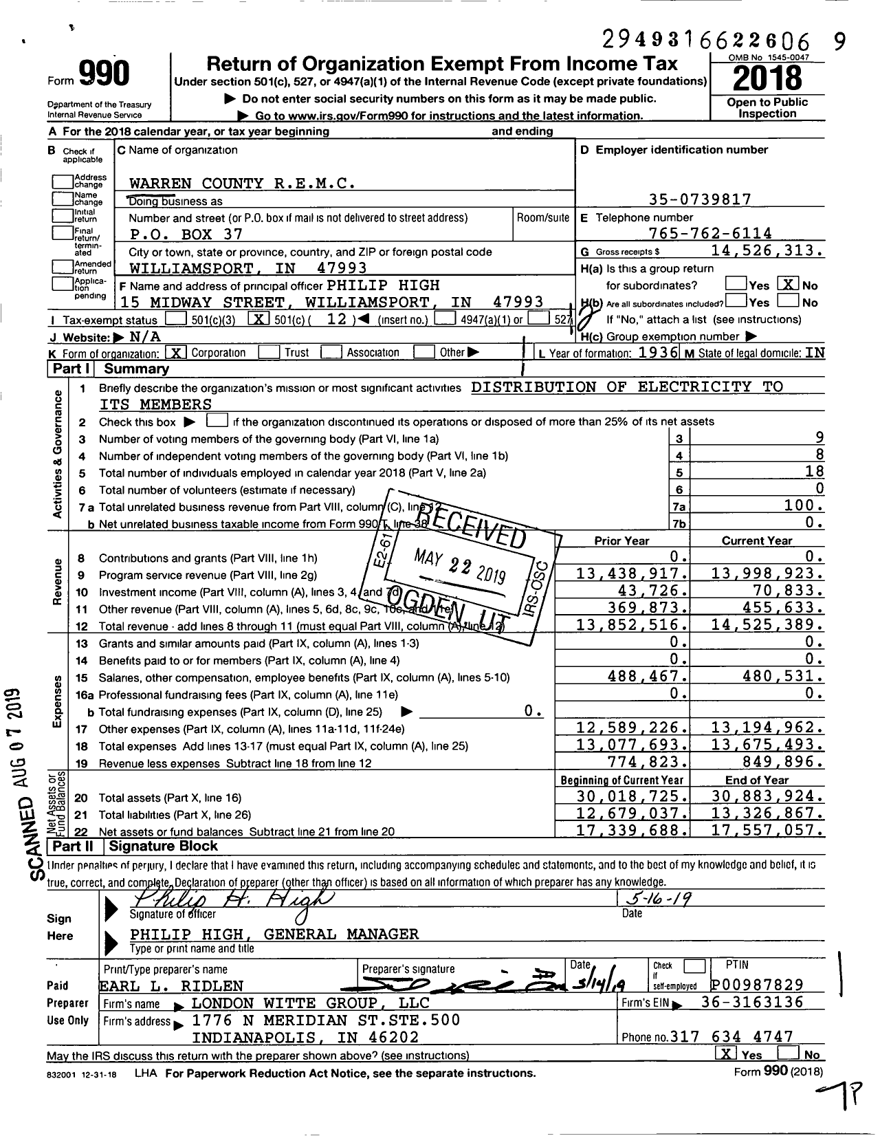 Image of first page of 2018 Form 990O for Warren County Remc