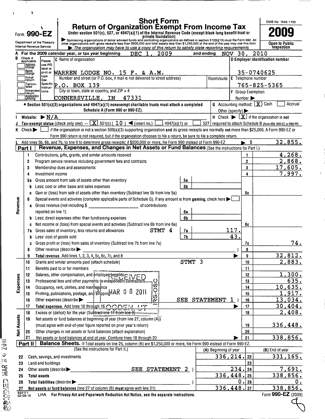 Image of first page of 2009 Form 990EO for Free & Accepted Masons of Indiana - 15 Warren Lodge