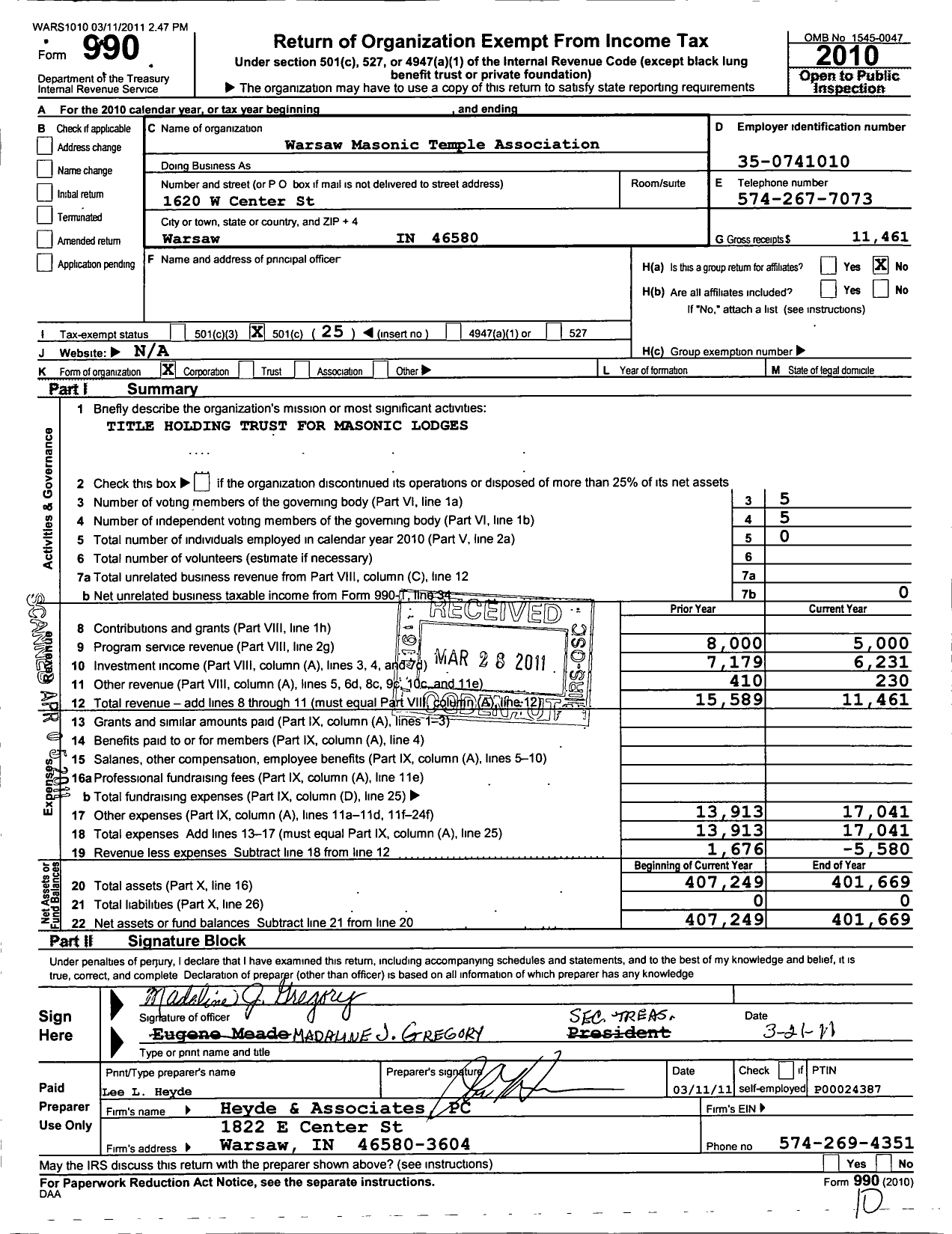 Image of first page of 2010 Form 990O for Warsaw Masonic Temple Association