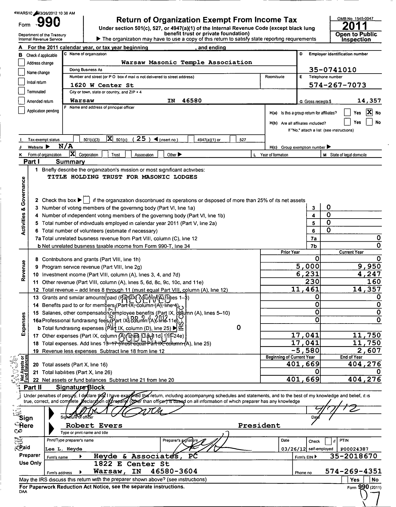 Image of first page of 2011 Form 990O for Warsaw Masonic Temple Association