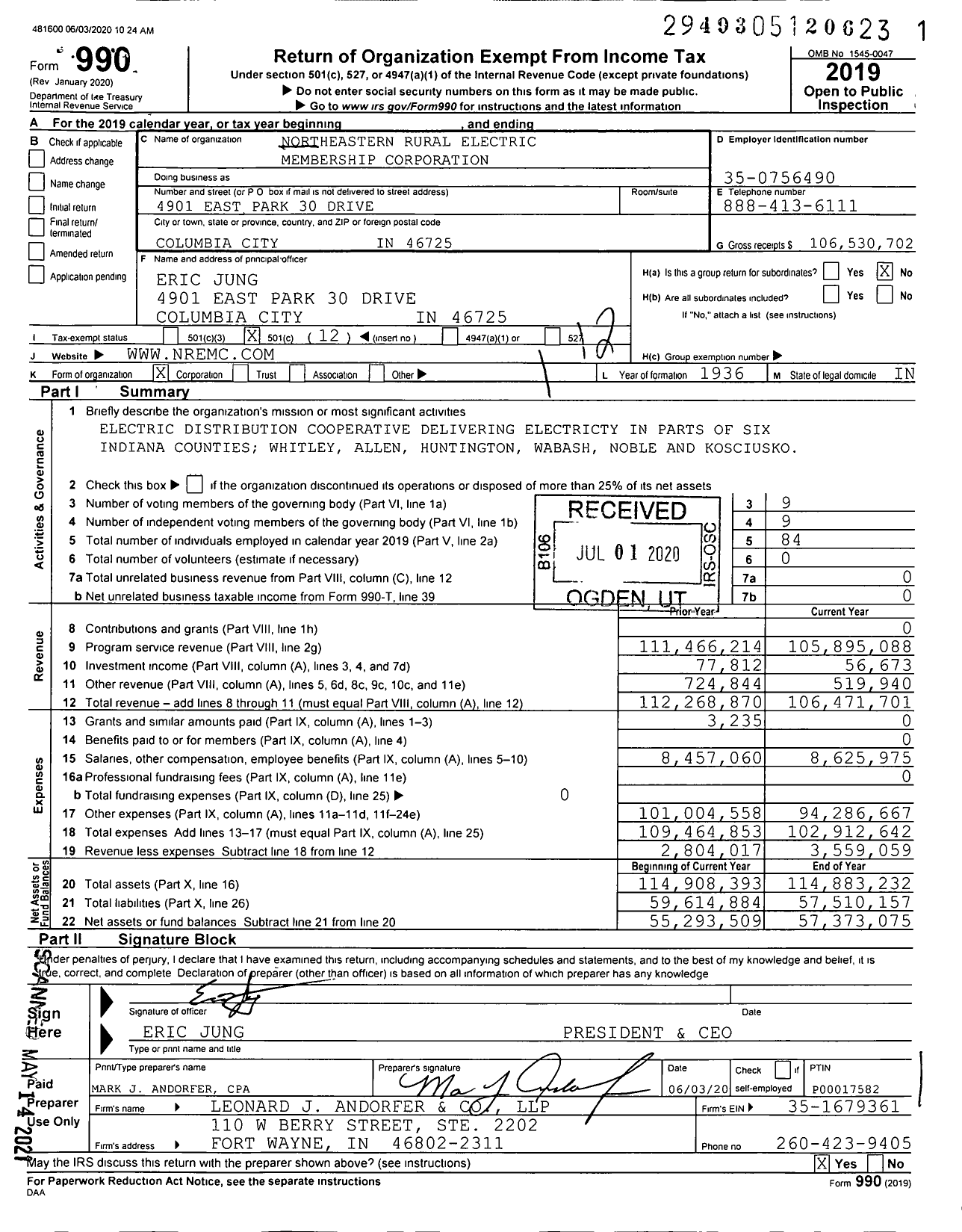 Image of first page of 2019 Form 990O for Northeastern Rural Electric Membership Corporation