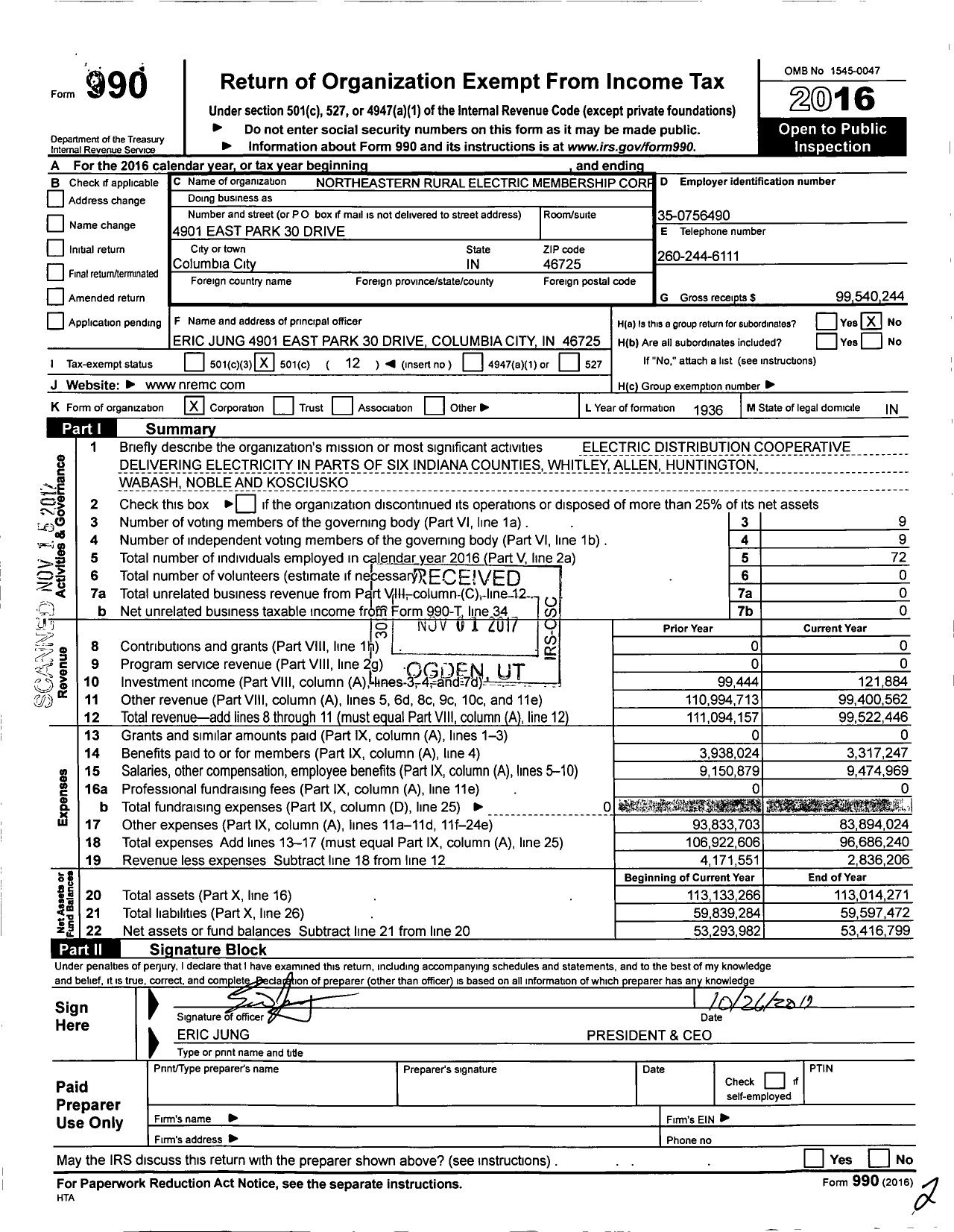 Image of first page of 2016 Form 990O for Northeastern Rural Electric Membership Corporation