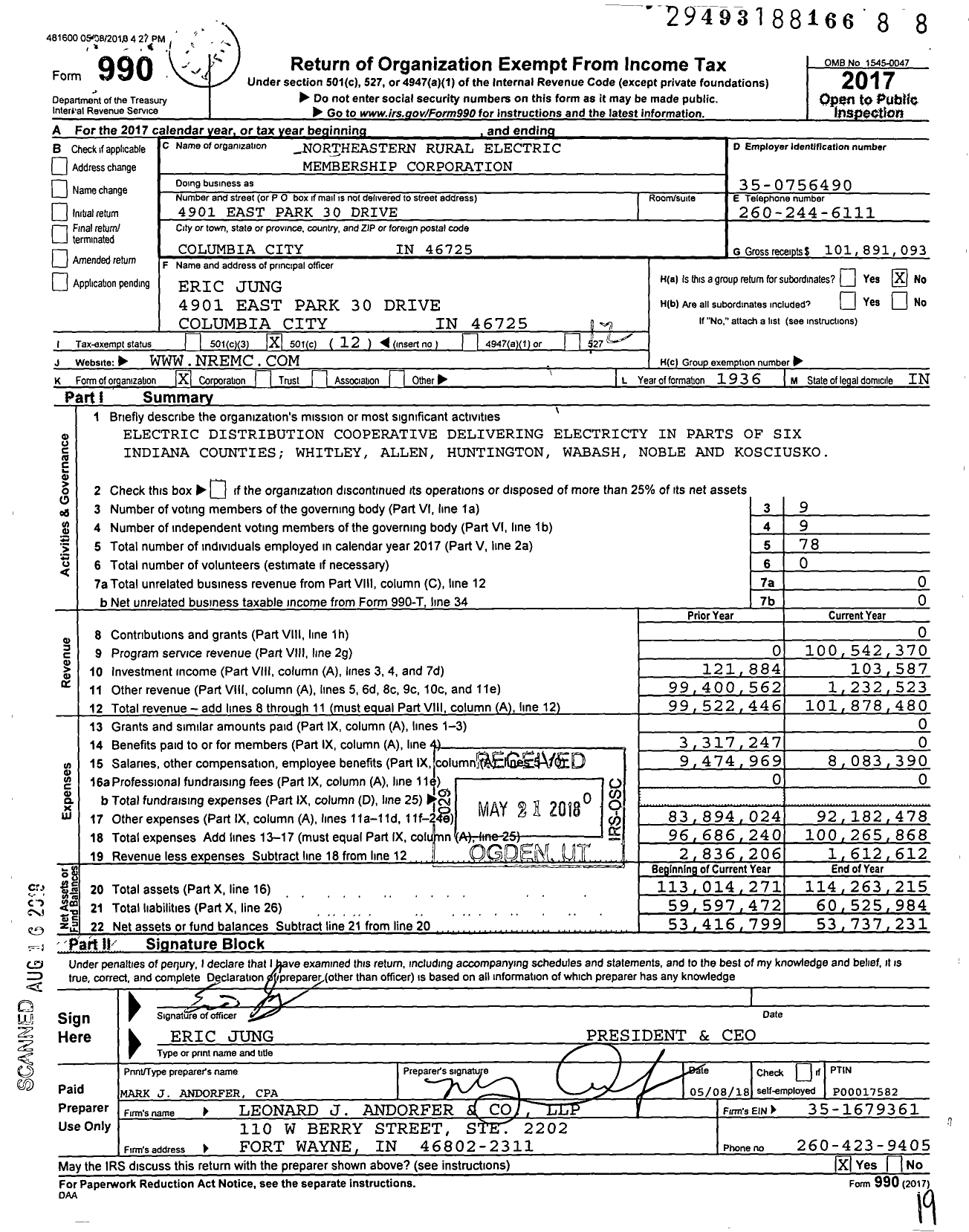 Image of first page of 2017 Form 990O for Northeastern Rural Electric Membership Corporation
