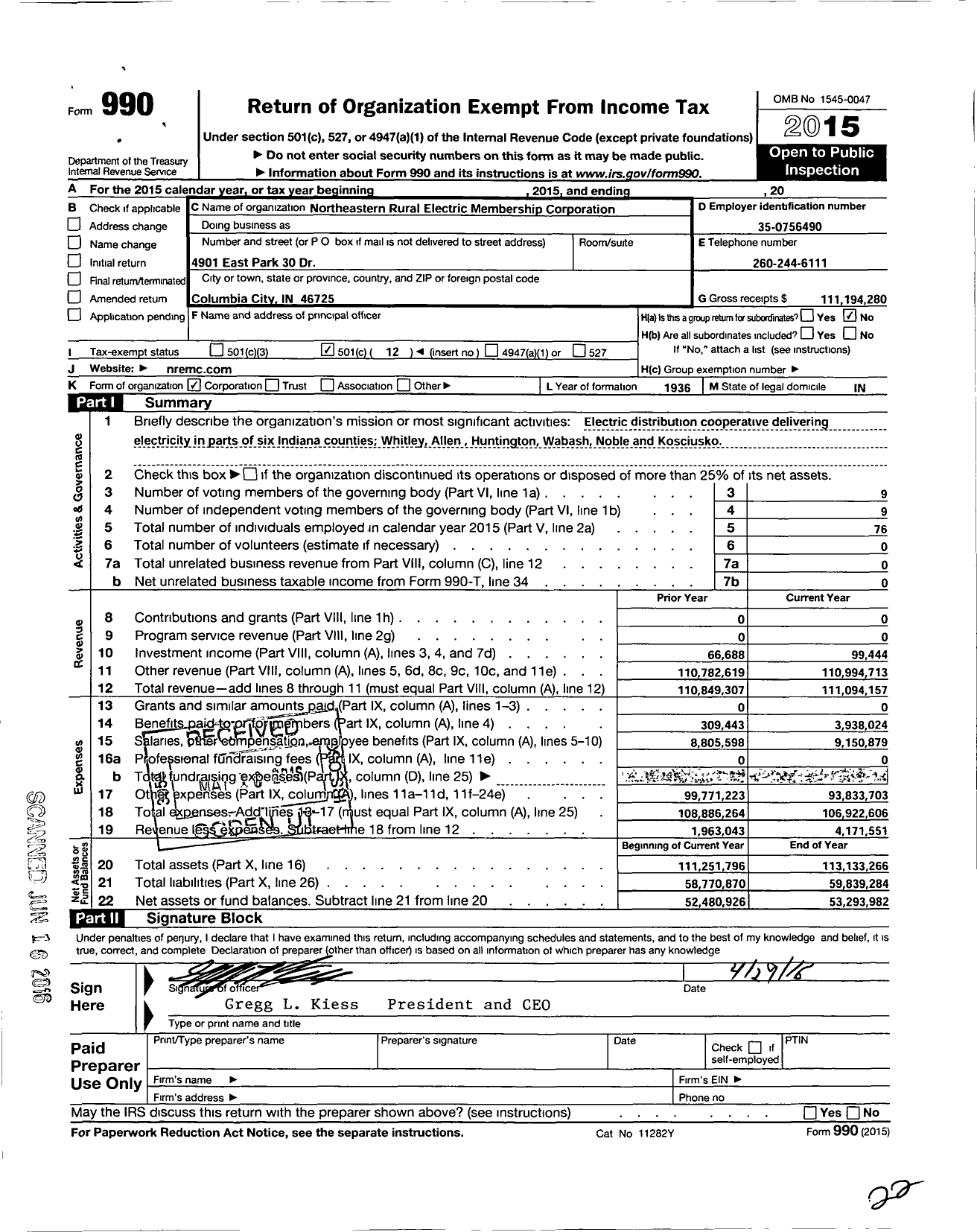 Image of first page of 2015 Form 990O for Northeastern Rural Electric Membership Corporation