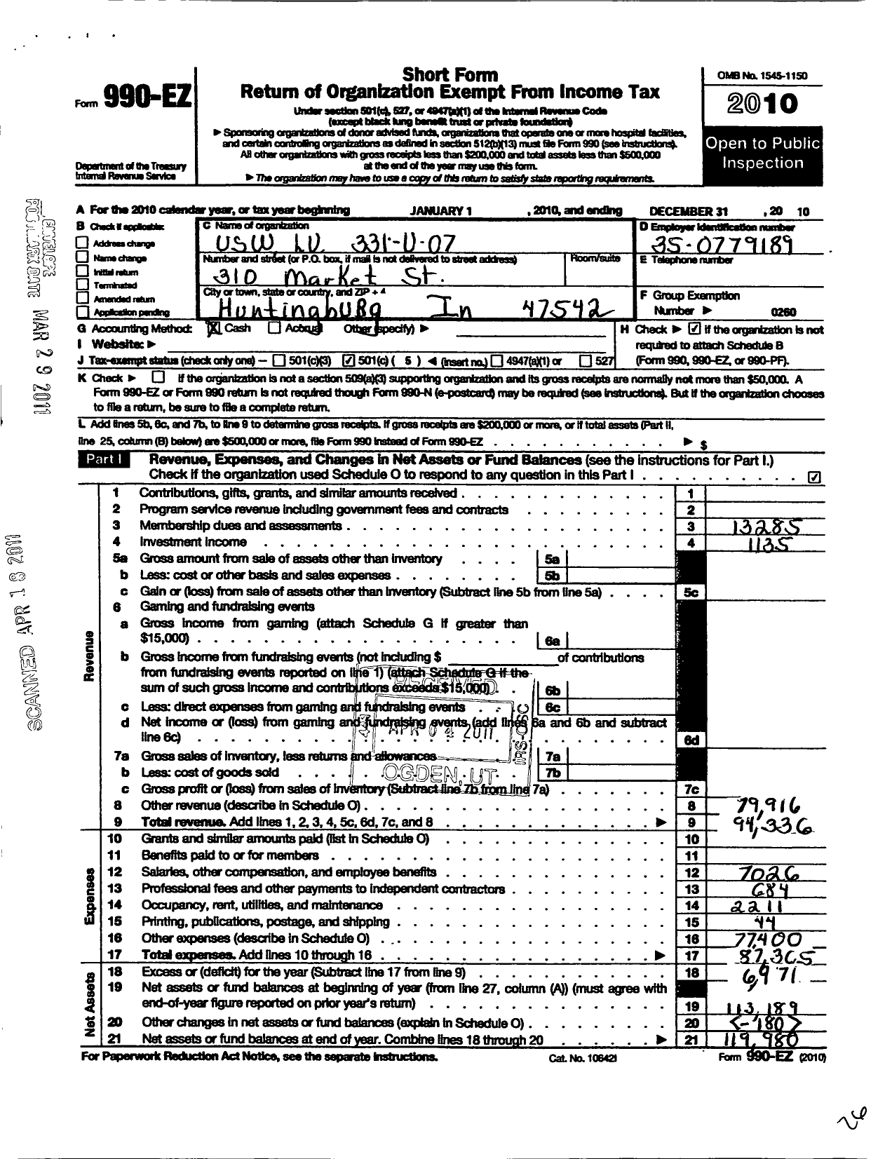 Image of first page of 2010 Form 990EO for United Steelworkers - 00331u Local