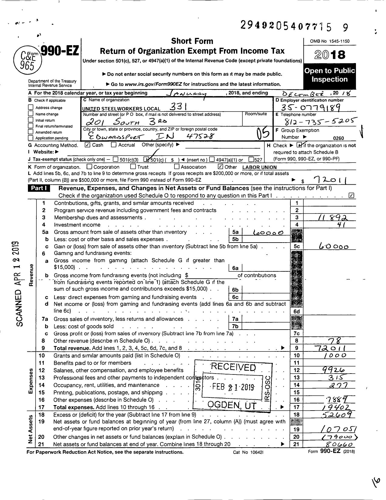 Image of first page of 2018 Form 990EO for United Steelworkers - 00331u Local