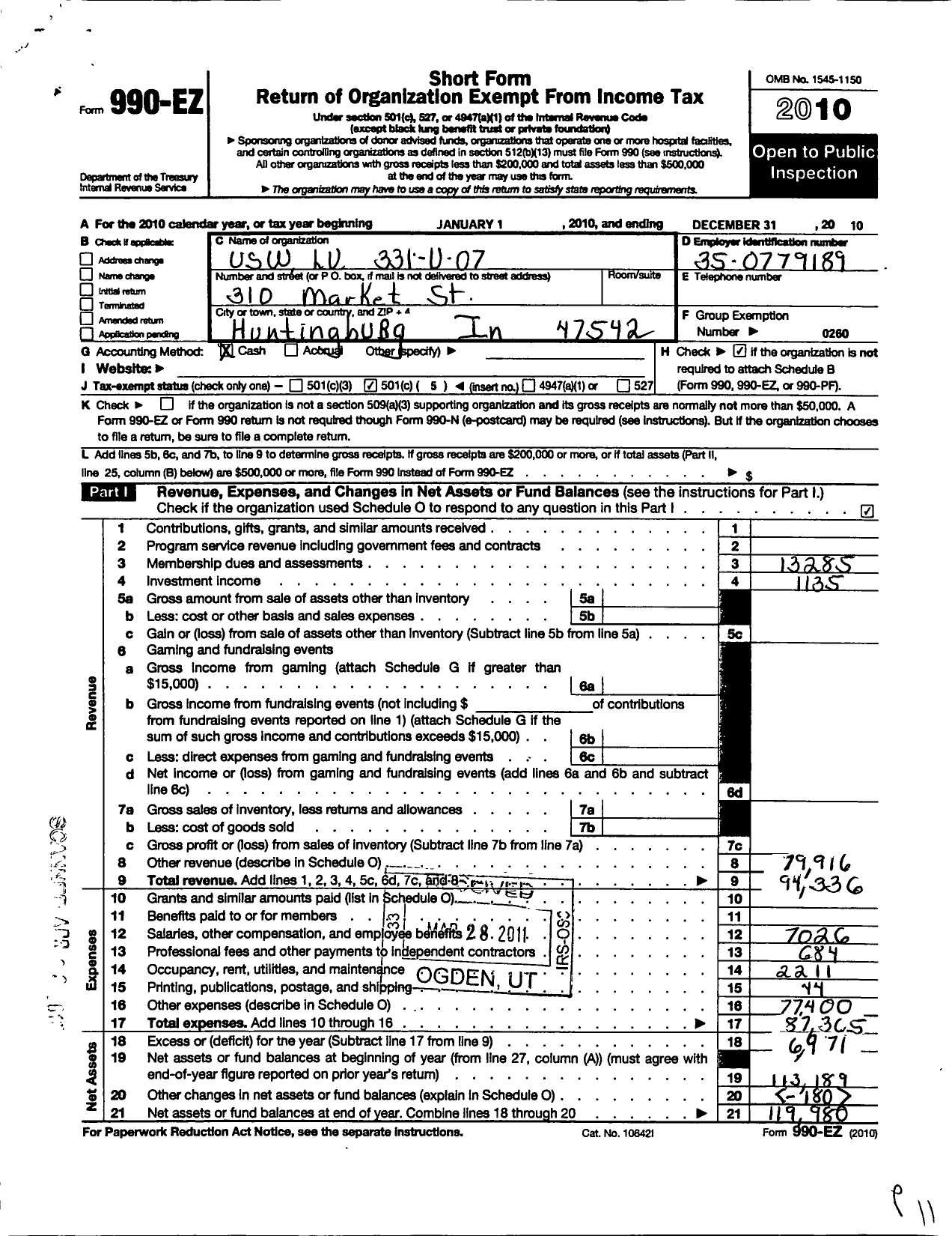 Image of first page of 2010 Form 990EO for United Steelworkers - 00331u Local