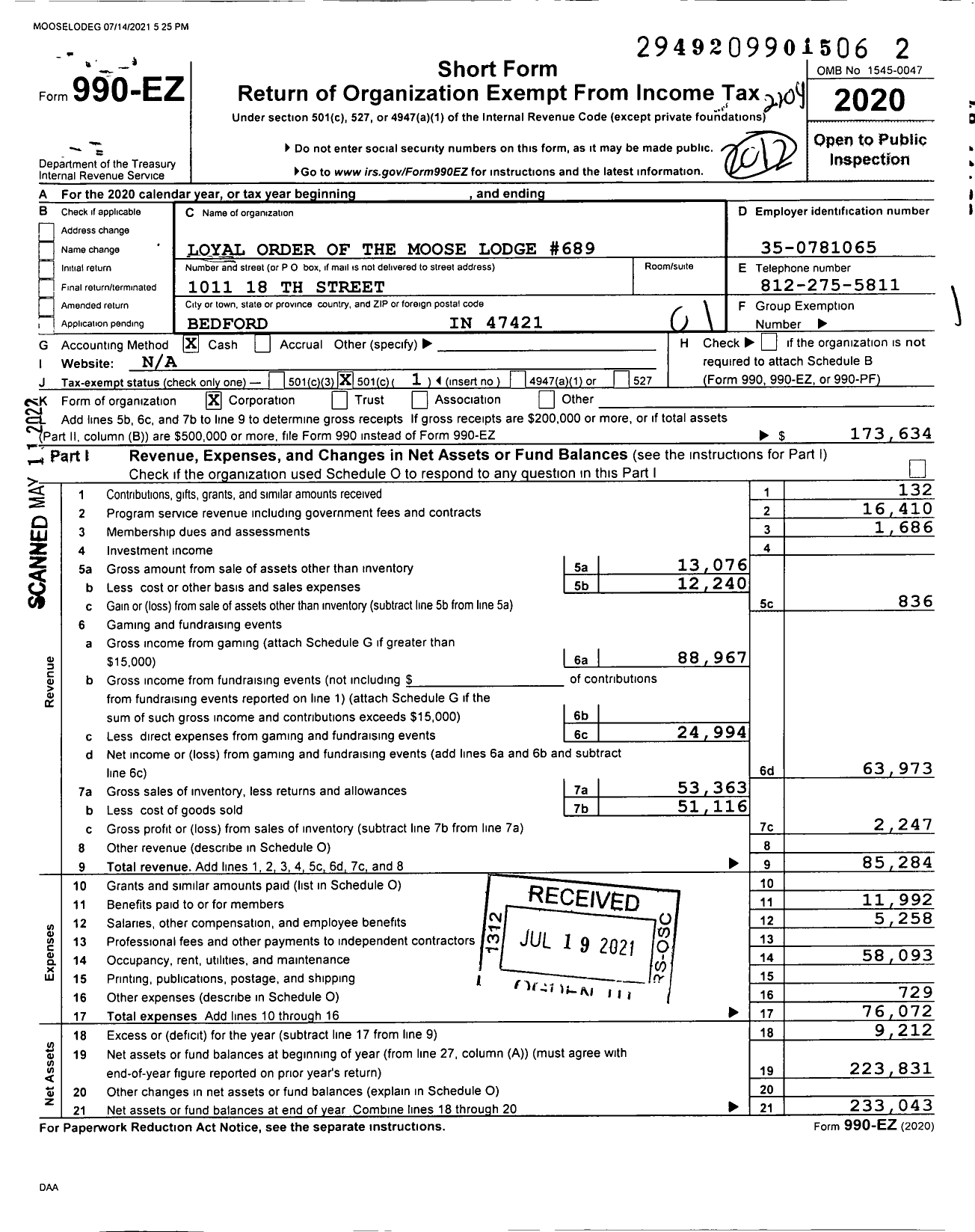 Image of first page of 2020 Form 990EO for Loyal Order of Moose - 689 Loyal Order of the Moose Lodge