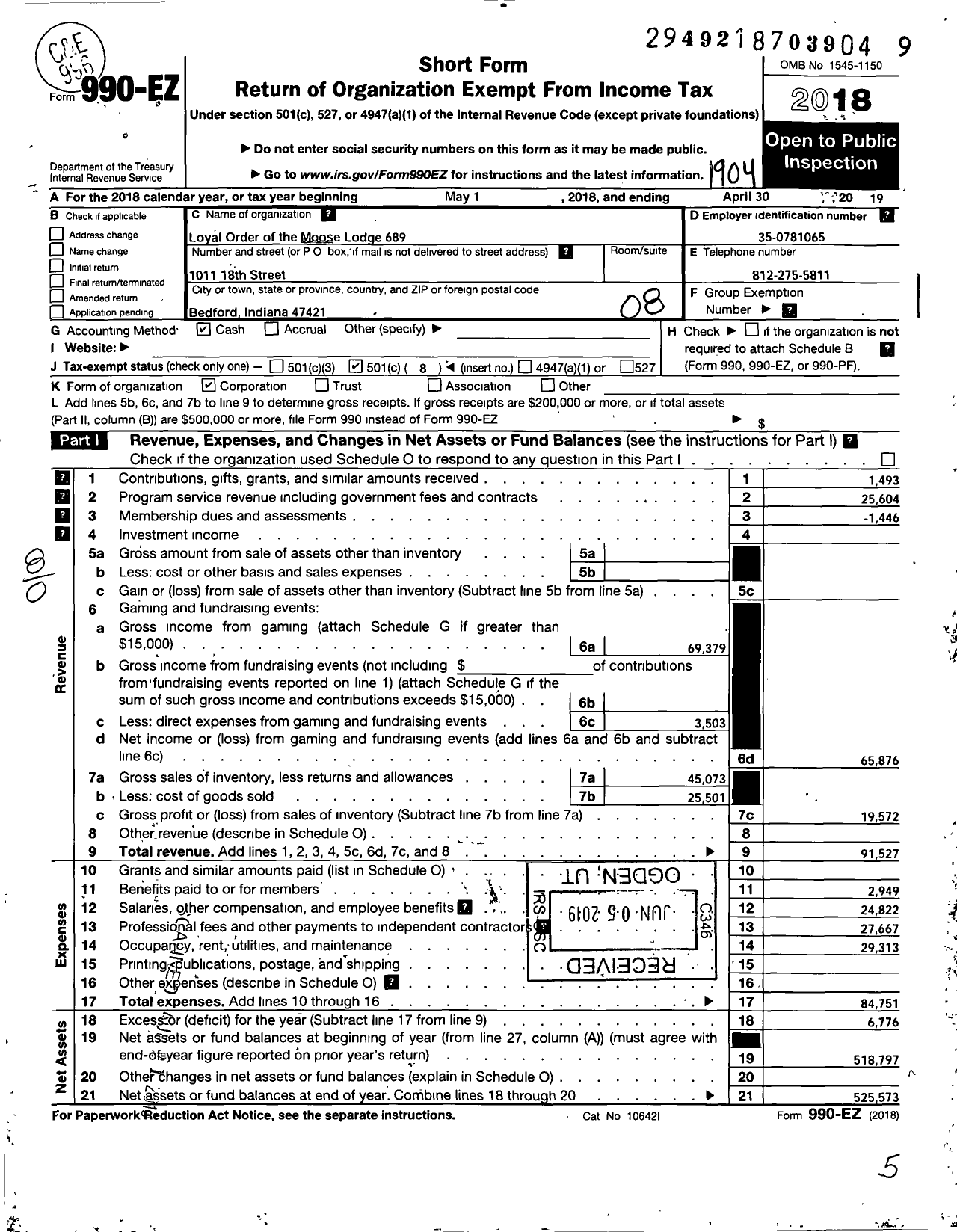 Image of first page of 2018 Form 990EO for Loyal Order of Moose - 689 Loyal Order of the Moose Lodge