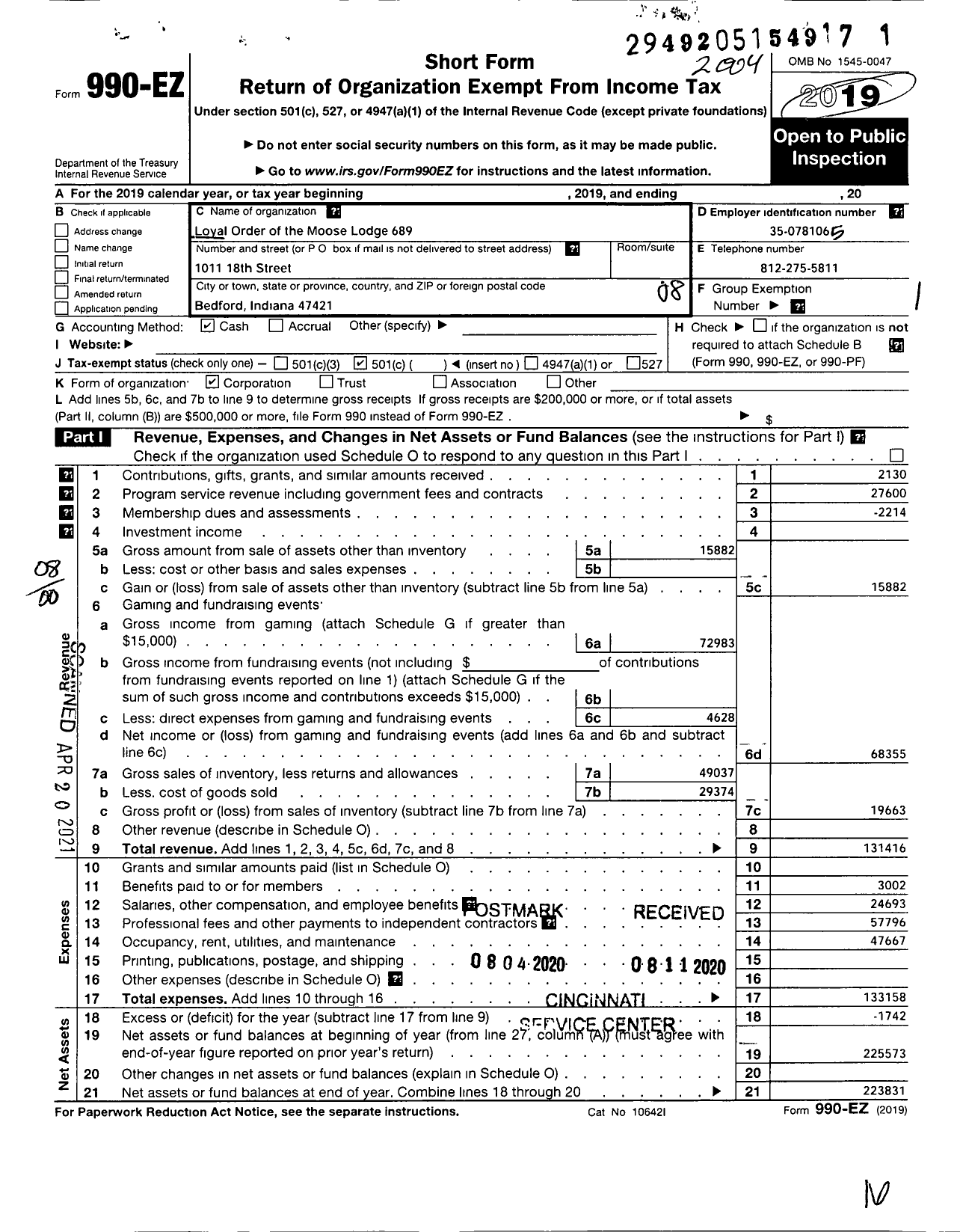 Image of first page of 2019 Form 990EO for Loyal Order of Moose - 689 Loyal Order of the Moose Lodge