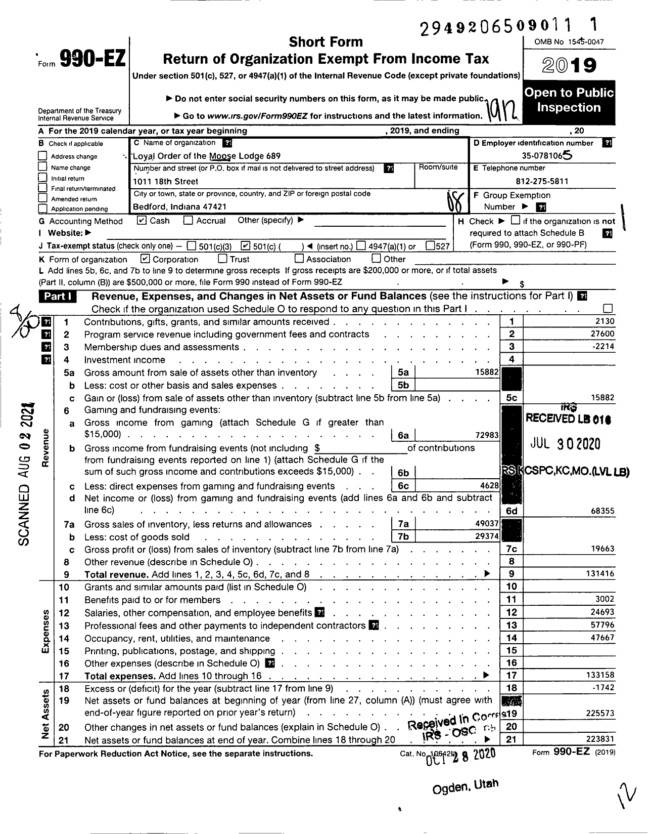 Image of first page of 2019 Form 990EO for Loyal Order of Moose - 689 Loyal Order of the Moose Lodge