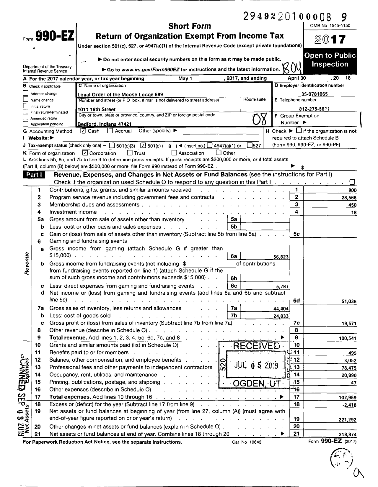 Image of first page of 2017 Form 990EO for Loyal Order of Moose - 689 Loyal Order of the Moose Lodge