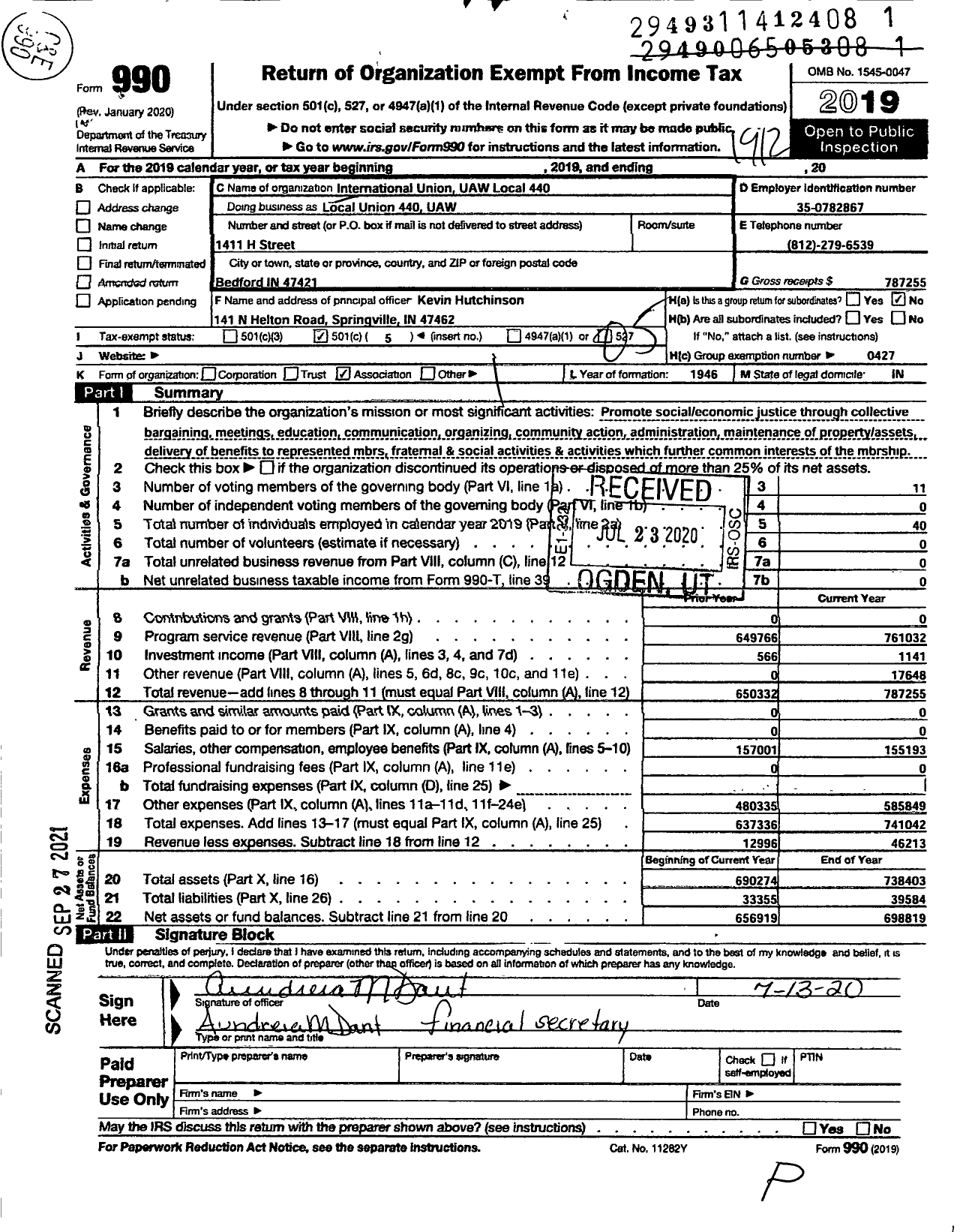 Image of first page of 2019 Form 990O for UAW - International Union UAW Local 440