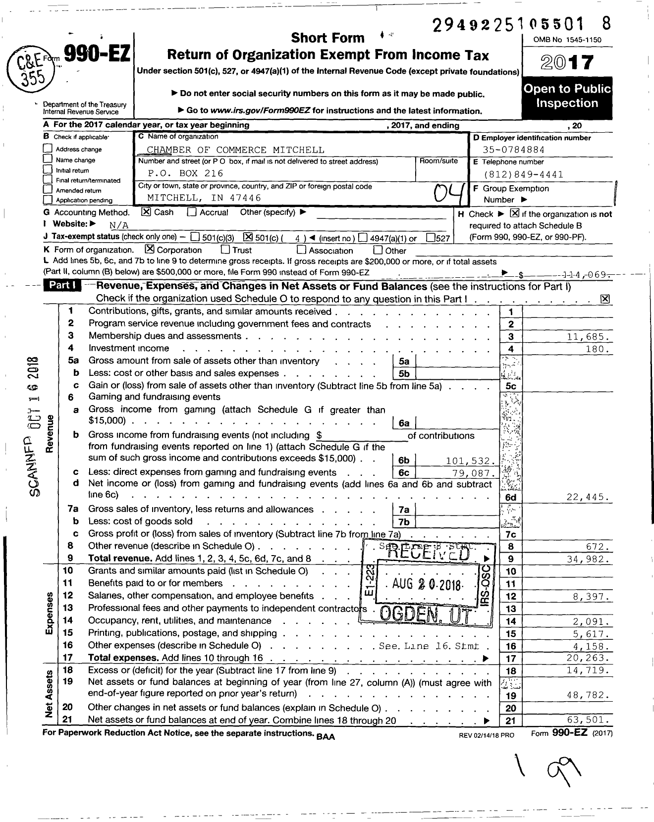 Image of first page of 2017 Form 990EO for Chamber of Commerce Mitchell