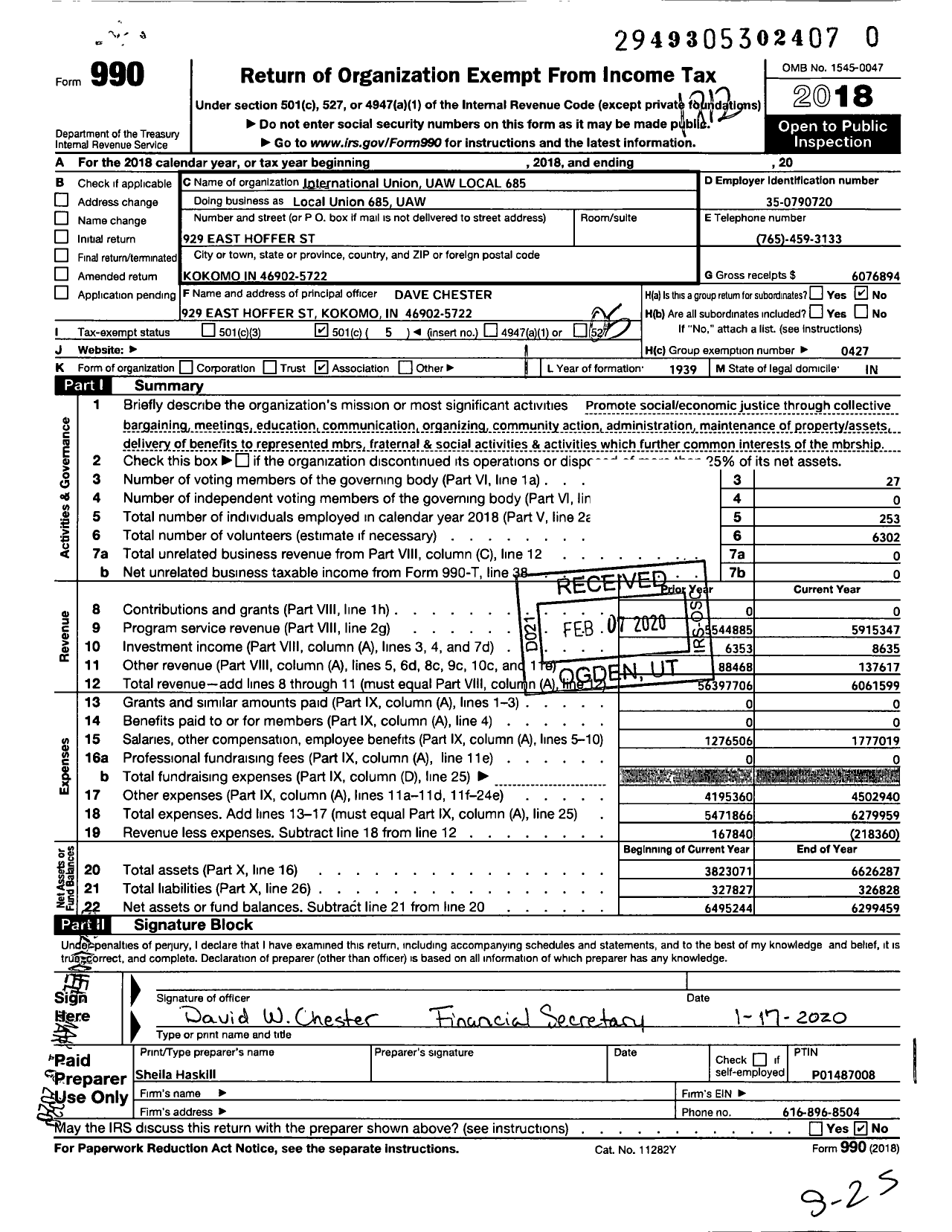 Image of first page of 2018 Form 990O for International Union UAW Local 685